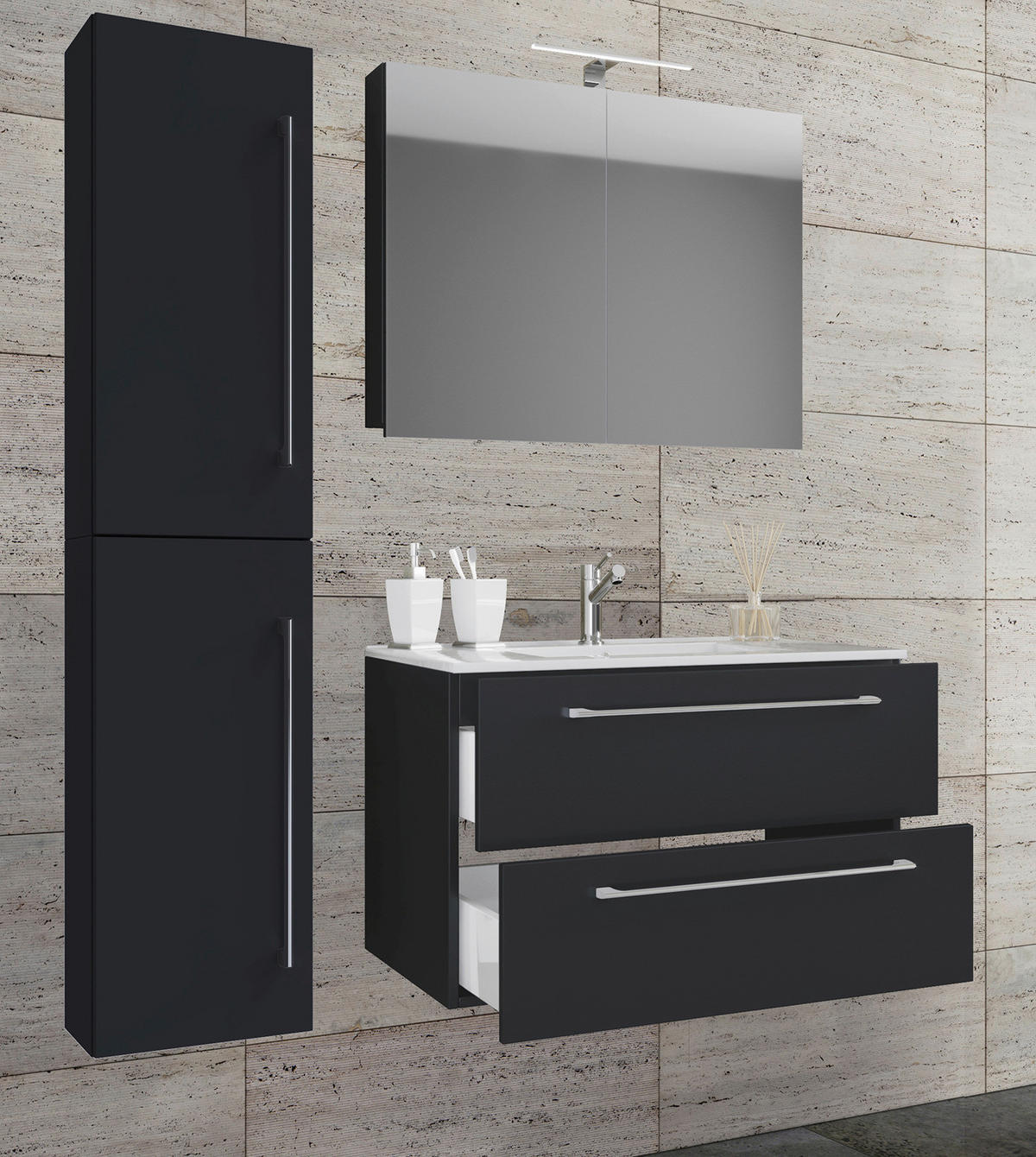 Waschplatz 4tlg-Badinos schwarz B/H/T: ca. 61x52x46,4 cm 4tlg-Badinos - schwarz (61,00/52,00/46,40cm) - VCM Möbel