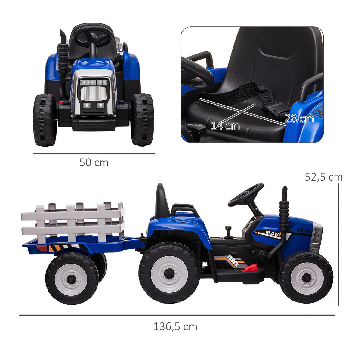 HOMCOM Kinder Elektro-Traktor blau B/H/L: ca. 50x52,5x136,5 cm Kinder Elektro-Traktor - blau (136,50/50,00/52,50cm) - HOMCOM