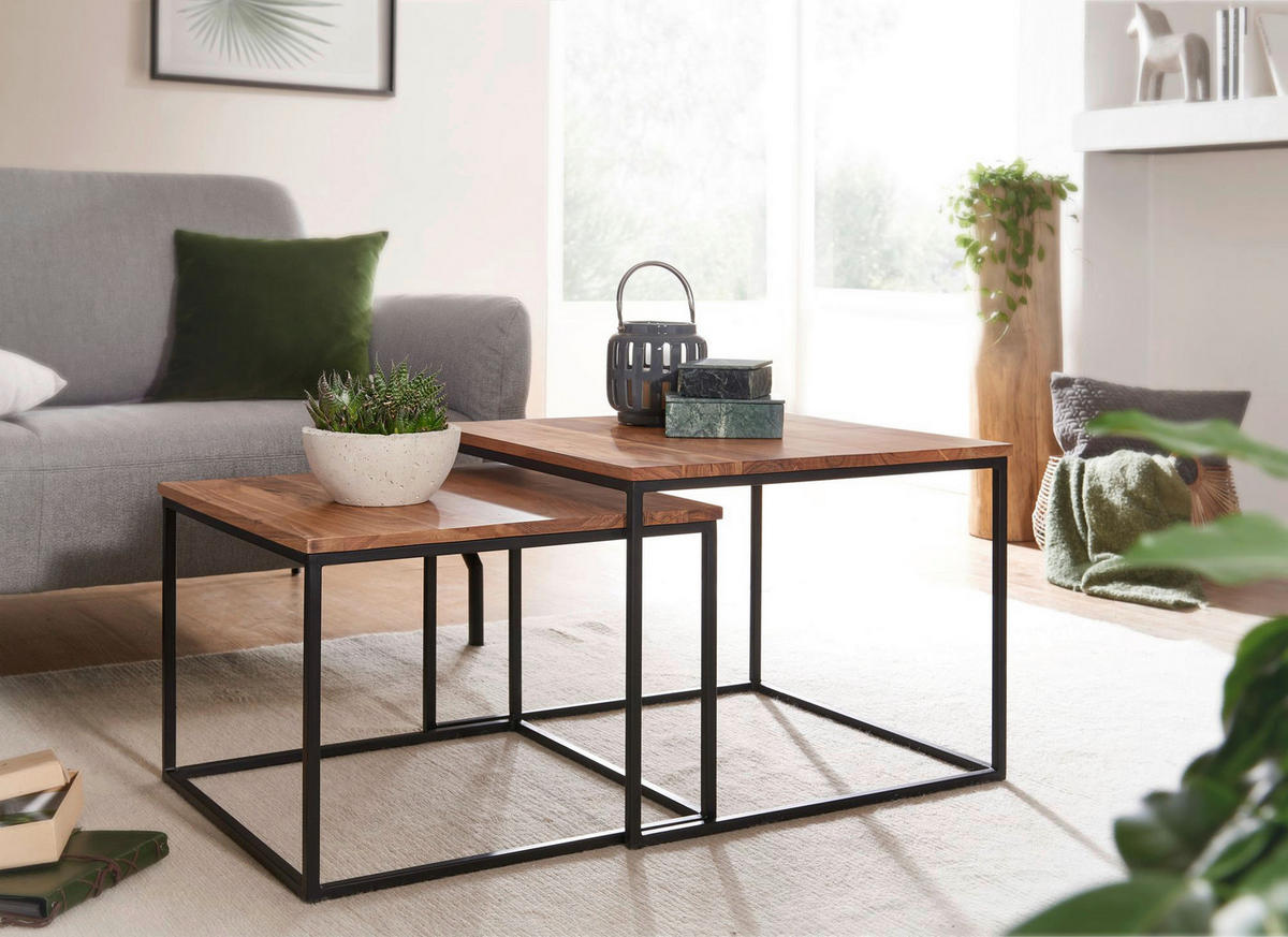Couchtisch 2er-Set. natur schwarz pulverbeschichtet 2er-Set. - natur/schwarz - Wohnling