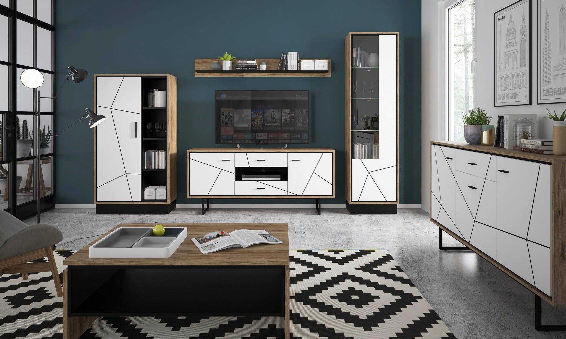 Thumbnail - Standvitrine Brolo Eiche Cartania Nachbildung weiß Hochglanz schwarz B/H/T: ca. 57x209x37 cm