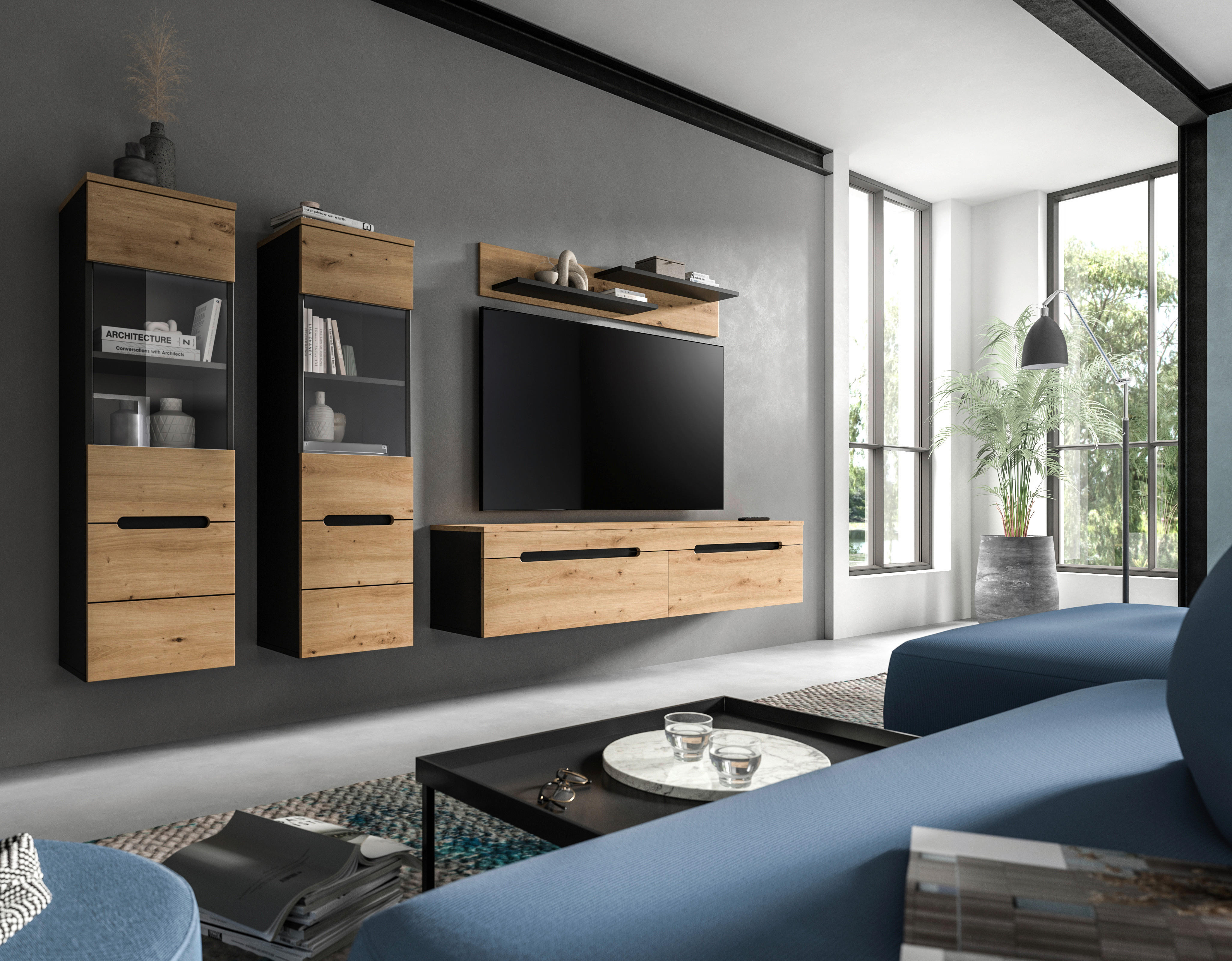 Wohnwand Canu basaltgrau Nachbildung Artisan Oak Nachbildung B/H/T: ca. 272x141x33 cm Canu - basaltgrau (272,00/141,00/33,00cm) - xonox.home