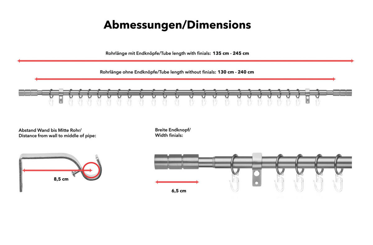 Gardinenstange Zylinder Edelstahloptik Metall D: ca. 2 cm ausziehbar von ca. 130 bis 240 cm 1.0 Läufe Zylinder - Edelstahloptik (2,00cm) - LICHTBLICK