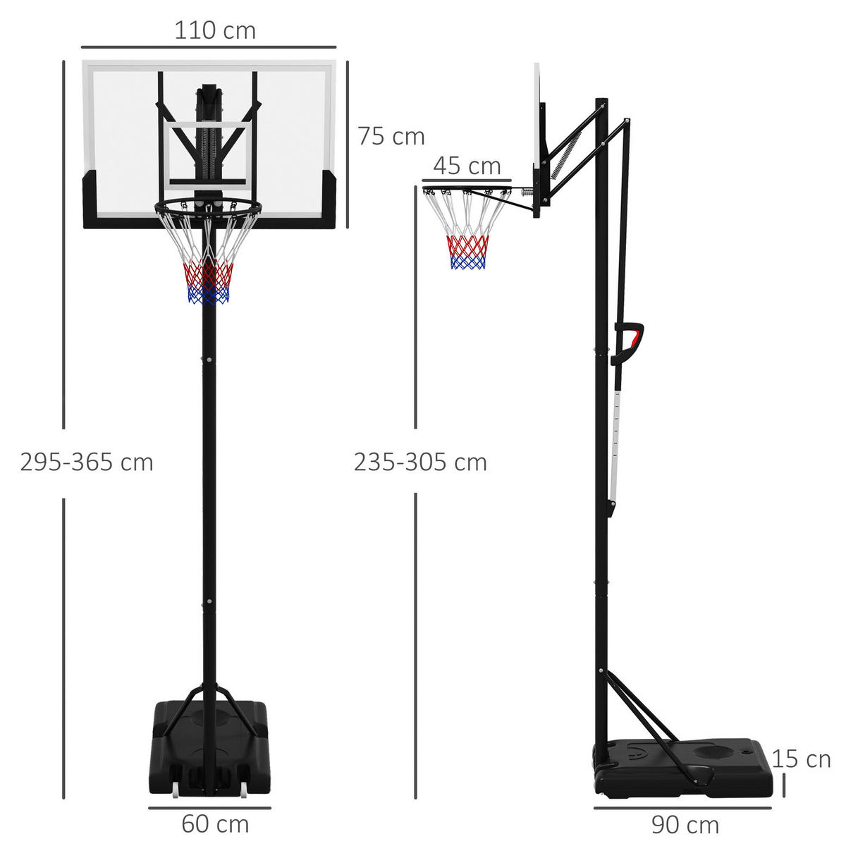 SPORTNOW Basketballkorb mit Ständer schwarz Kunststoff B/H/L: ca. 60x365x90 cm Basketballkorb mit Ständer - schwarz (90,00/60,00/365,00cm) - SPORTNOW