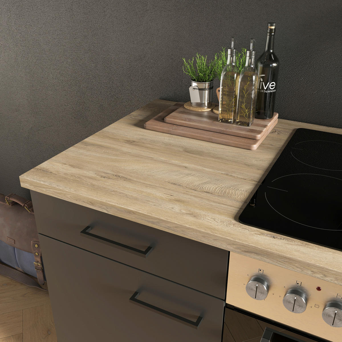 Küchenblock Capri schwarz matt B/H/T: ca. 310x234x60 cm Capri - schwarz/Oak (310,00/234,00/60,00cm) - Flex-Well