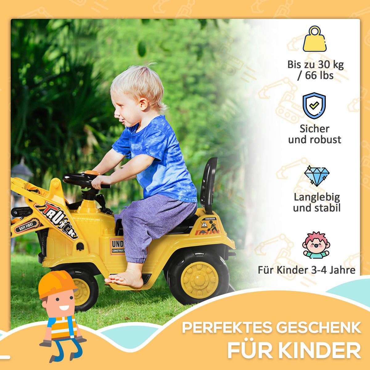 HOMCOM Kinder-Fahrzeug gelb B/H/L: ca. 27x83x39 cm Sitzbagger - gelb/schwarz (39,00/27,00/83,00cm) - HOMCOM