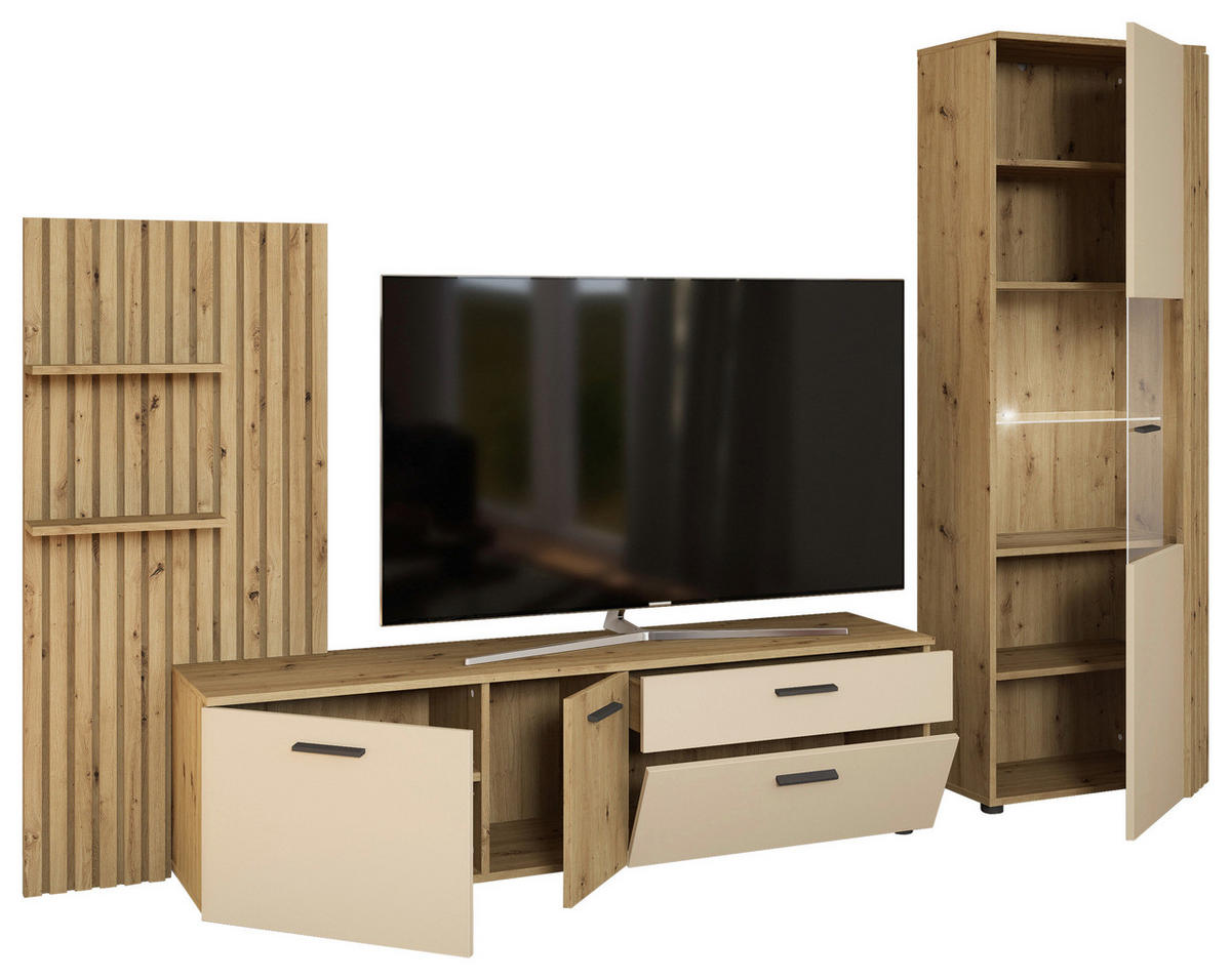 Wohnwand Gatwick Eiche Artisan Nachbildung creme B/H/T: ca. 250x180x38 cm Gatwick - Eiche/creme (250,00/180,00/38,00cm)