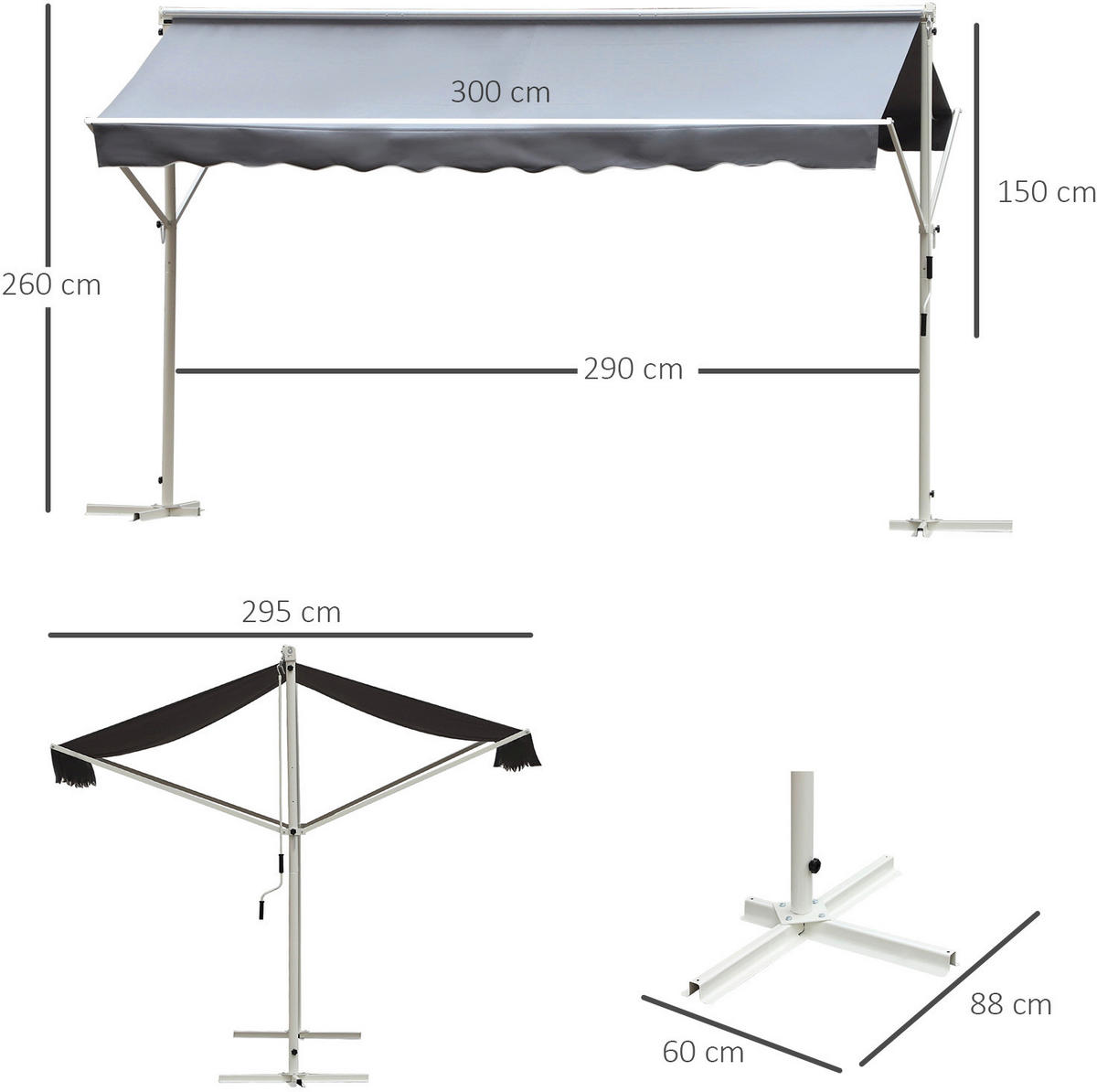 Outsunny Standmarkise grau Polyester-Mischgewebe B/H/L: ca. 294x250x295 cm Standmarkise_mit_Kurbel - grau (295,00/294,00/250,00cm) - Outsunny