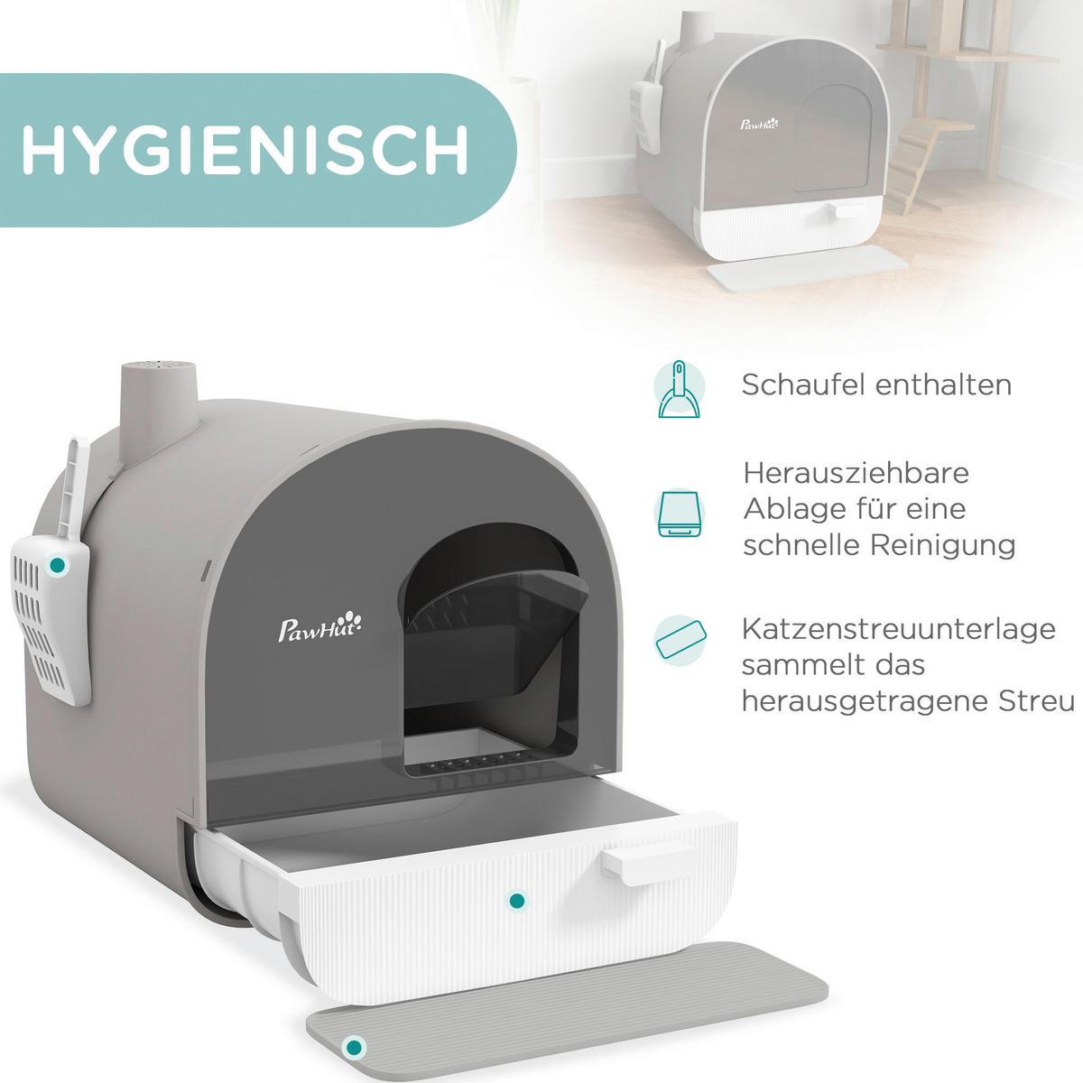 PawHut Katzentoilette grau Kunststoff B/H/L: ca. 44x47x43 cm Katzentoilette - grau (43,00/44,00/47,00cm) - PawHut