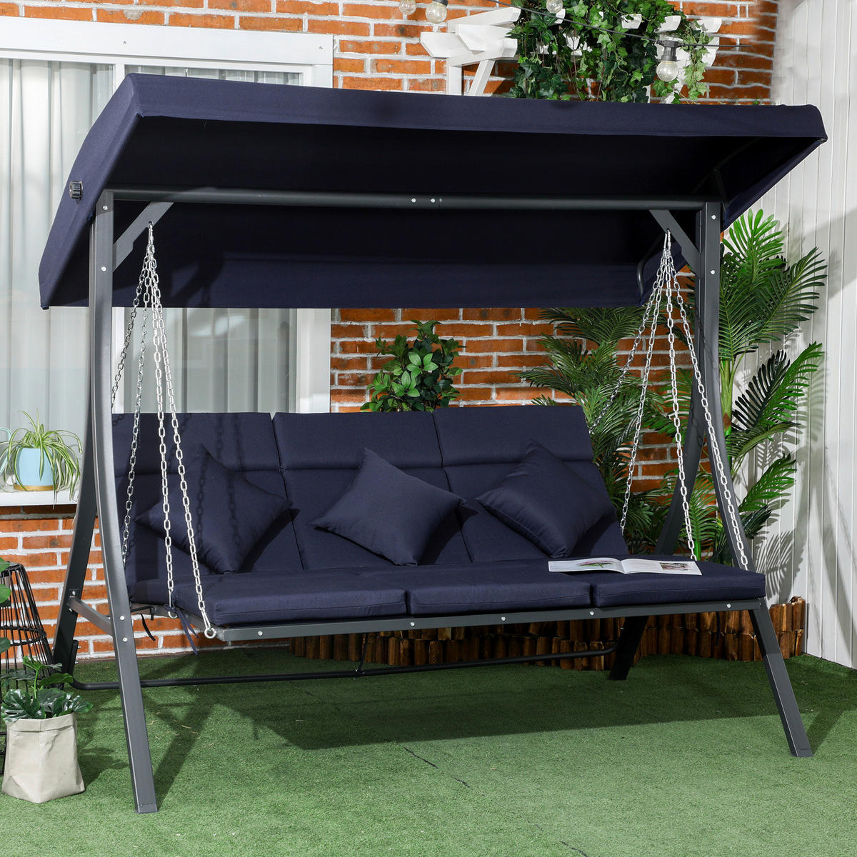 Outsunny Hollywoodschaukel dunkelblau Polyester B/H/L: ca. 118x168x198 cm Hollywoodschaukel - schwarz/dunkelblau (198,00/118,00/168,00cm) - Outsunny