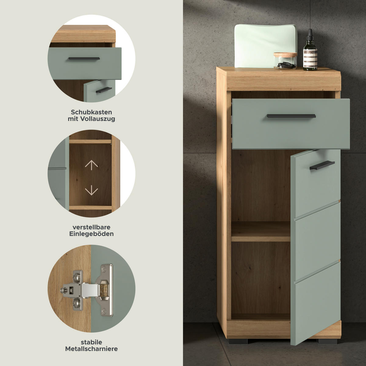 Schrank Scout Eiche Artisan Nachbildung salbei Nachbildung B/H/T: ca. 37x88x31 cm Scout - Eiche/salbei (37,00/88,00/31,00cm) - xonox.home