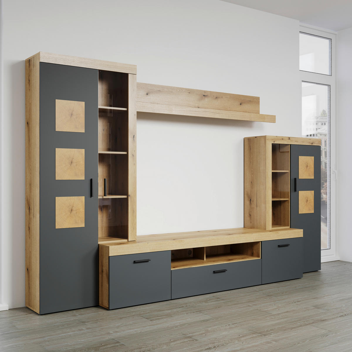 Wohnwand Tyler Eiche Evoke Coast Nachbildung anthrazit B/H/T: ca. 331x206x50 cm Tyler - Eiche/anthrazit (331,00/206,00/50,00cm)