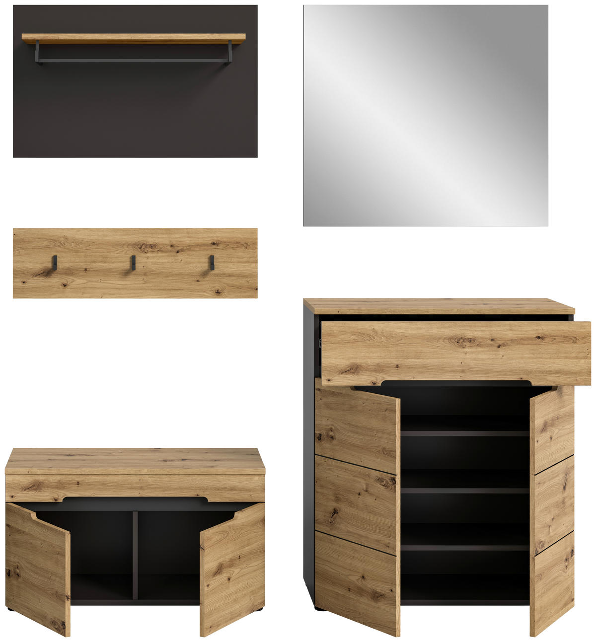 Garderobe CANU edles Basaltgrau Nachbildung Eiche Artisan Nachbildung B/H/T: ca. 175x180x37 cm CANU - Eiche/edles Basaltgrau (175,00/180,00/37,00cm) - xonox.home