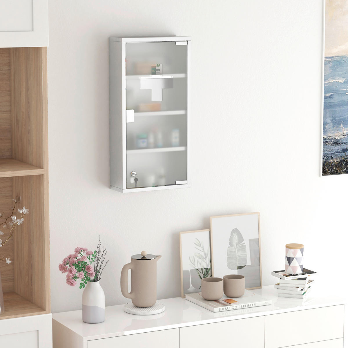 HOMCOM Medizinschrank silber Glas B/H/L: ca. 12x30x60 cm Medizinschrank - silber (60,00/12,00/30,00cm) - HOMCOM