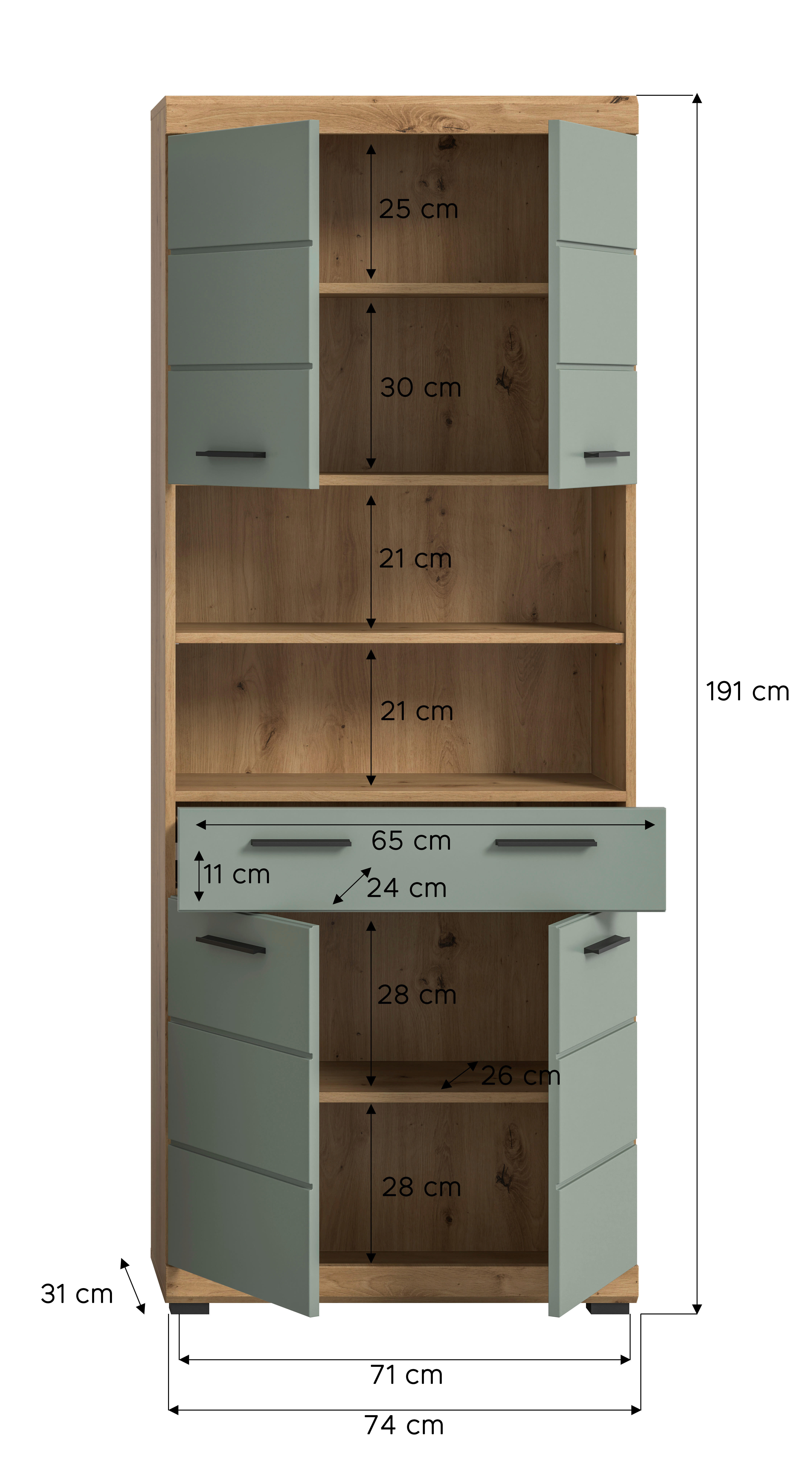 Badhochschrank Scout Eiche Artisan Nachbildung salbei Nachbildung B/H/T: ca. 74x191x31 cm Scout - Eiche/salbei (74,00/191,00/31,00cm) - xonox.home