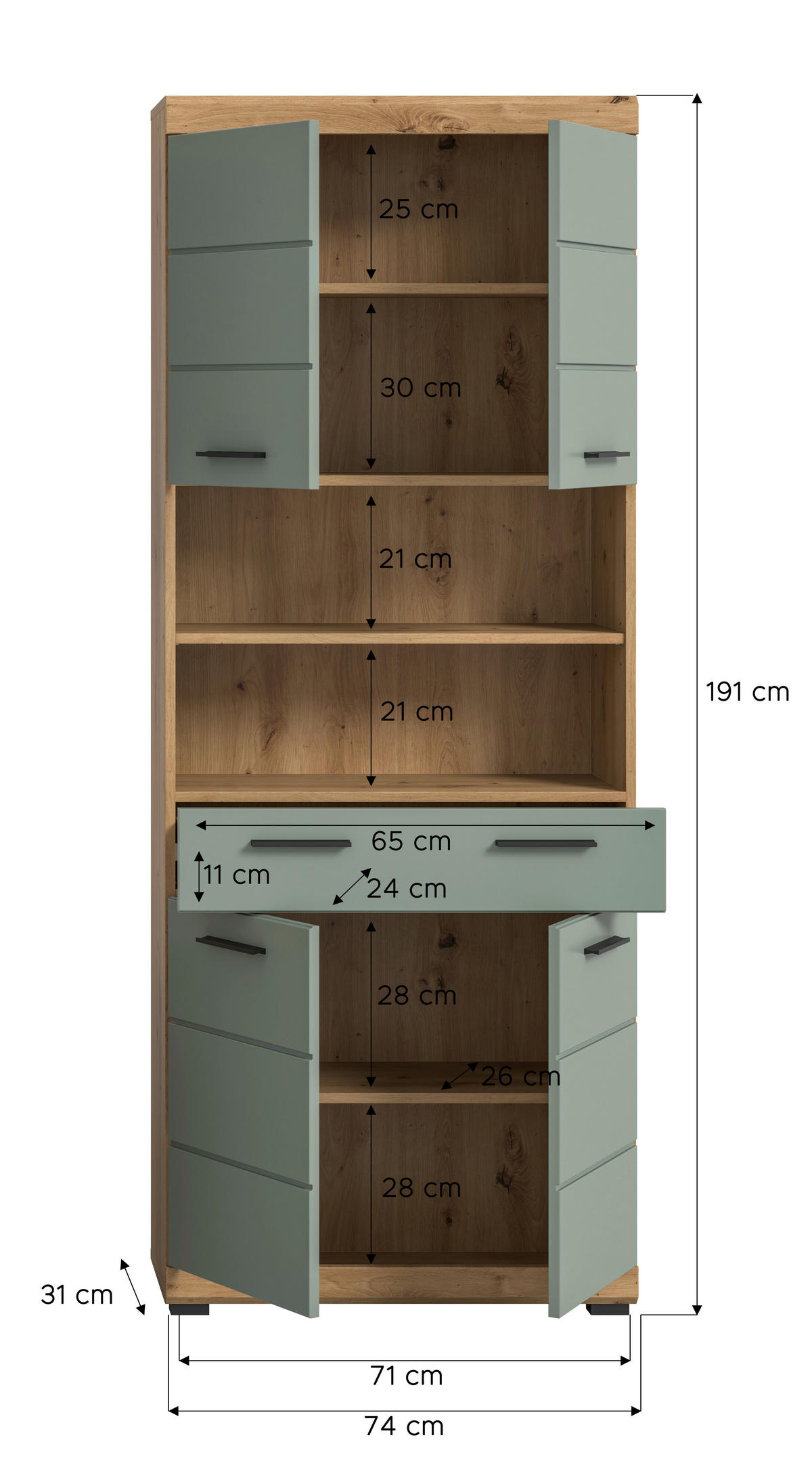 Badhochschrank Scout Eiche Artisan Nachbildung salbei Nachbildung B/H/T: ca. 74x191x31 cm Scout - Eiche/salbei (74,00/191,00/31,00cm) - xonox.home