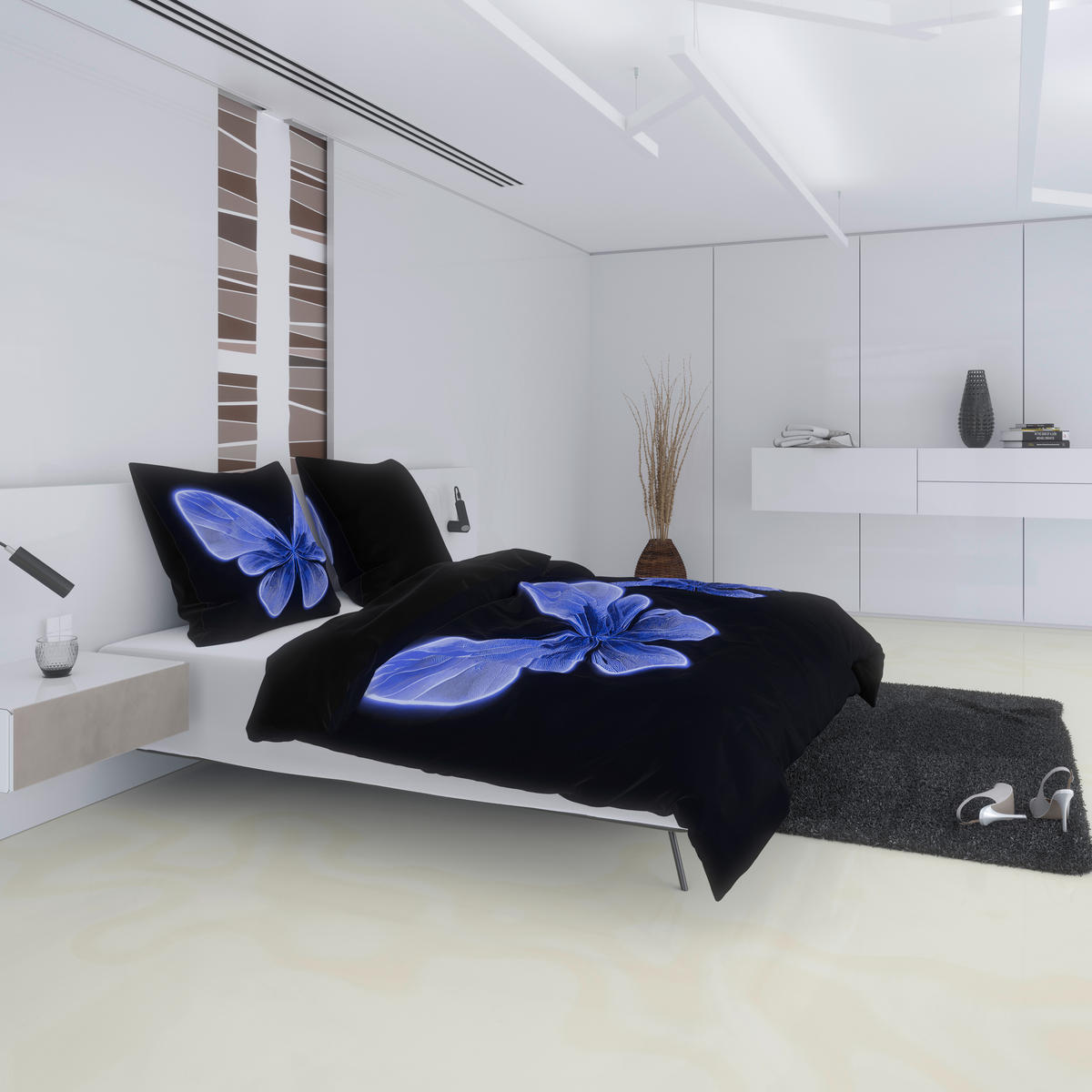 Microfaser Bettwäsche Wendebettwäsche_Microf._Schmetter. - blau/schwarz (135,00/200,00cm) - beau rêve