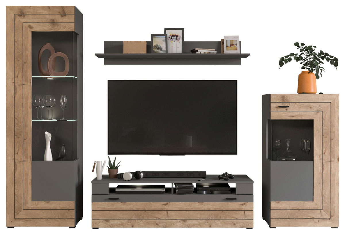 Wohnwand Freno grau matt Eiche Nox Oak Nachbildung B/H/T: ca. 290x194x40 cm Freno - Eiche/grau (290,00/194,00/40,00cm) - xonox.home