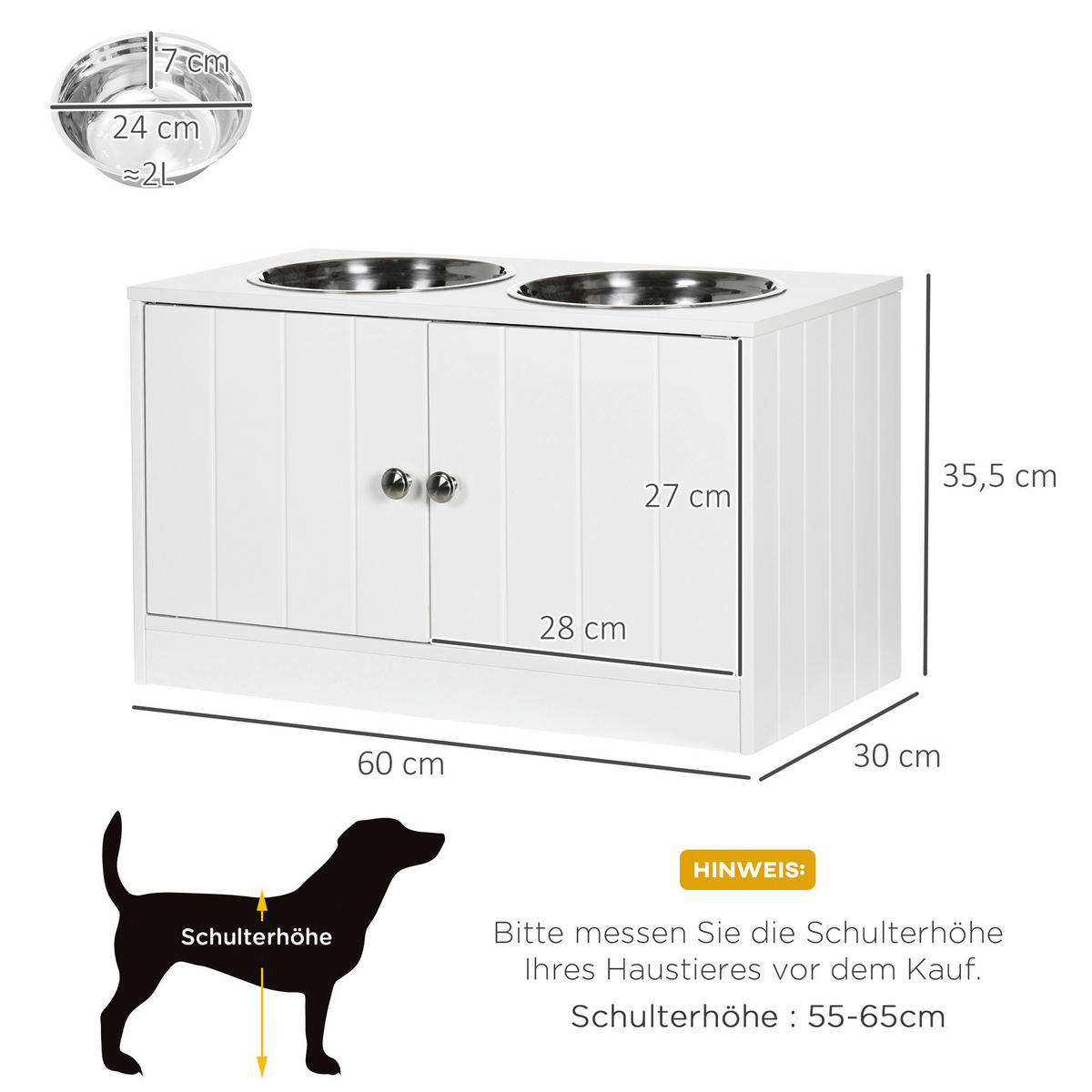 PawHut Futterstation weiß MDF B/H/L: ca. 30x35,5x60 cm Futterstation - weiß (60,00/30,00/35,50cm) - PawHut
