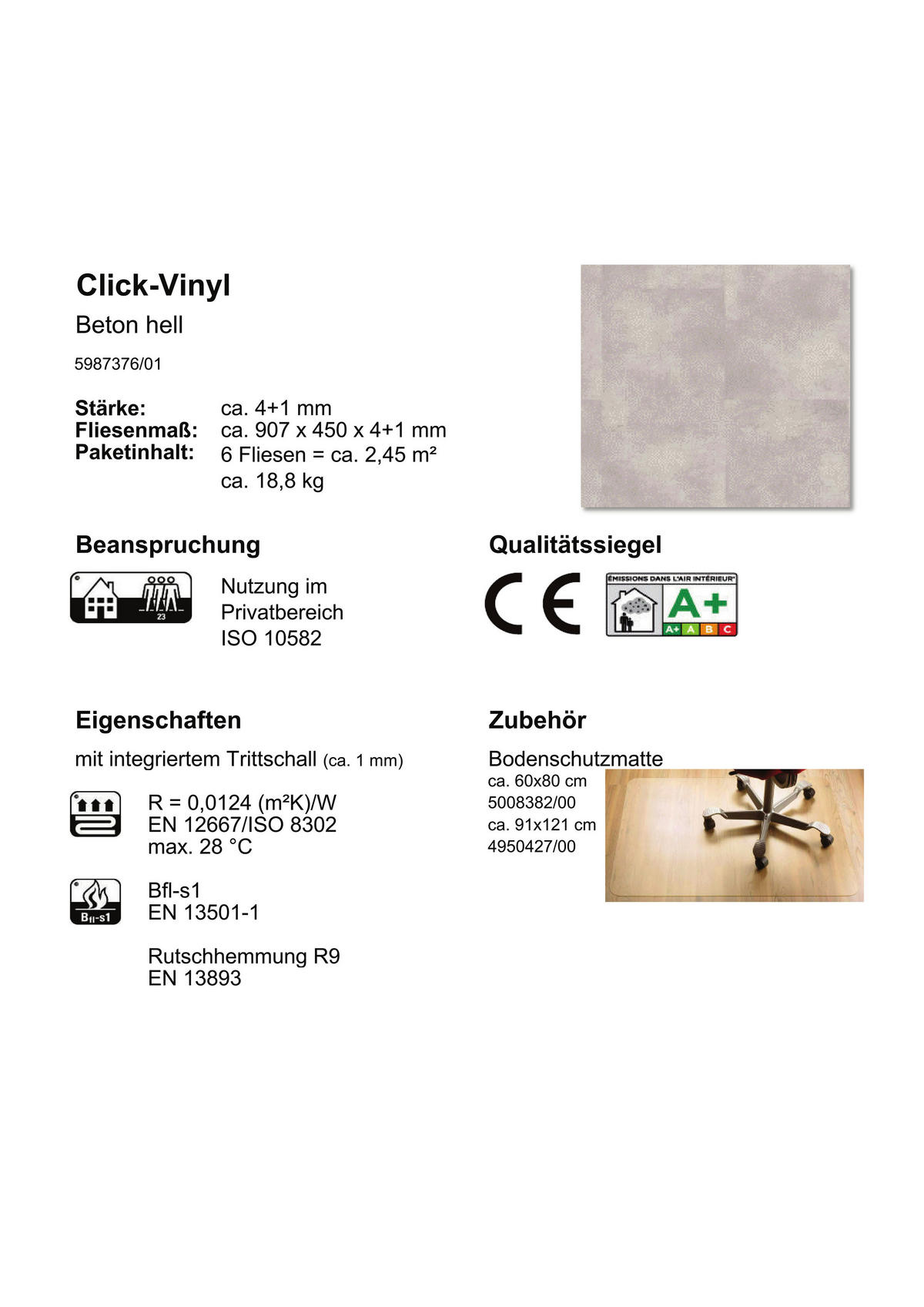 Click-Vinylboden Beton hell ca. 2,45 m² im Paket  B/L: ca. 45x90,7 cm pro Paket Beton hell ca. 2,45 m² im Paket - (45,00/90,70cm)
