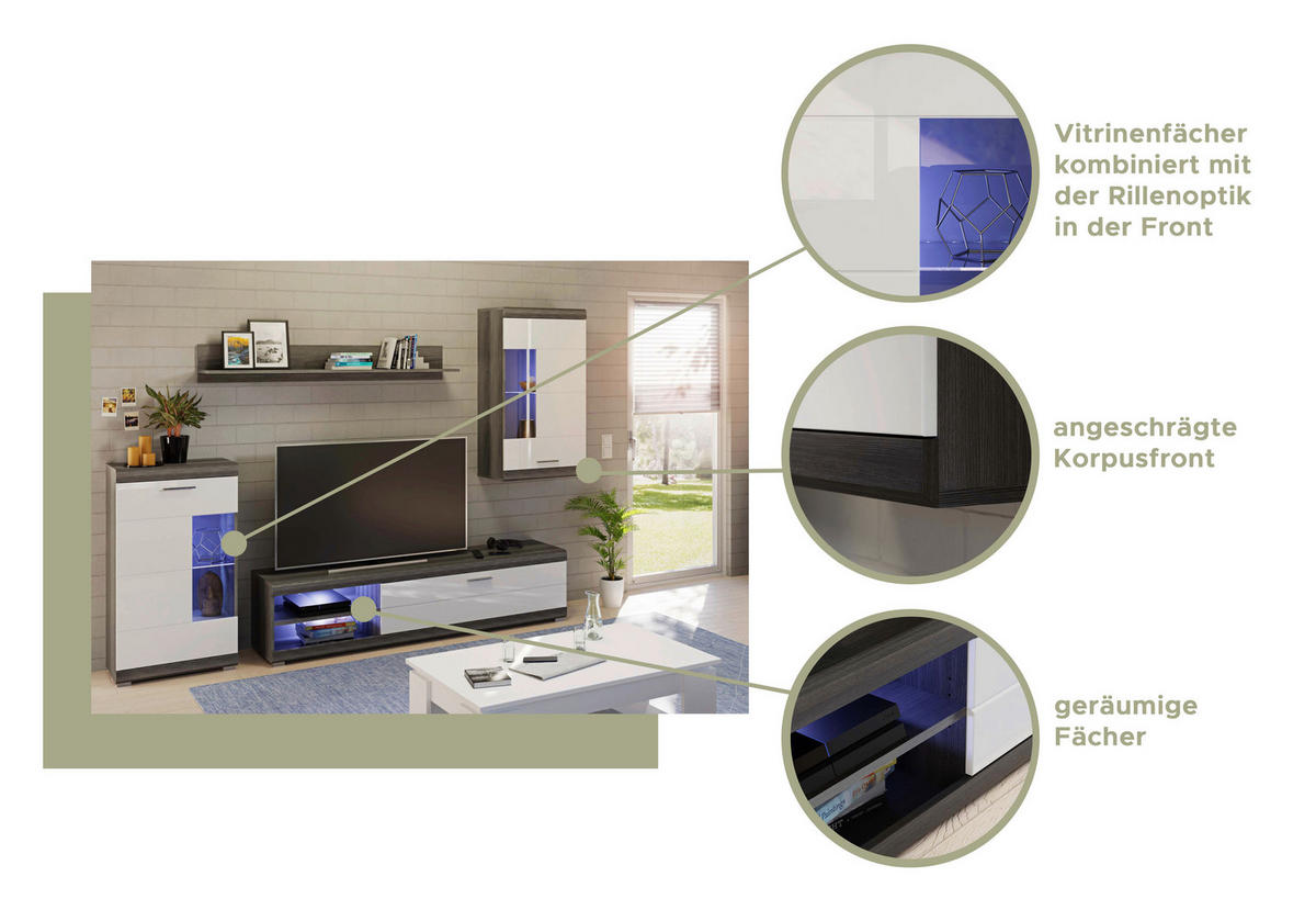 Wohnwand Scout Rauchsilber Nachbildung weiß Hochglanz B/H/T: ca. 265x185x40 cm Scout - weiß (265,00/185,00/40,00cm)