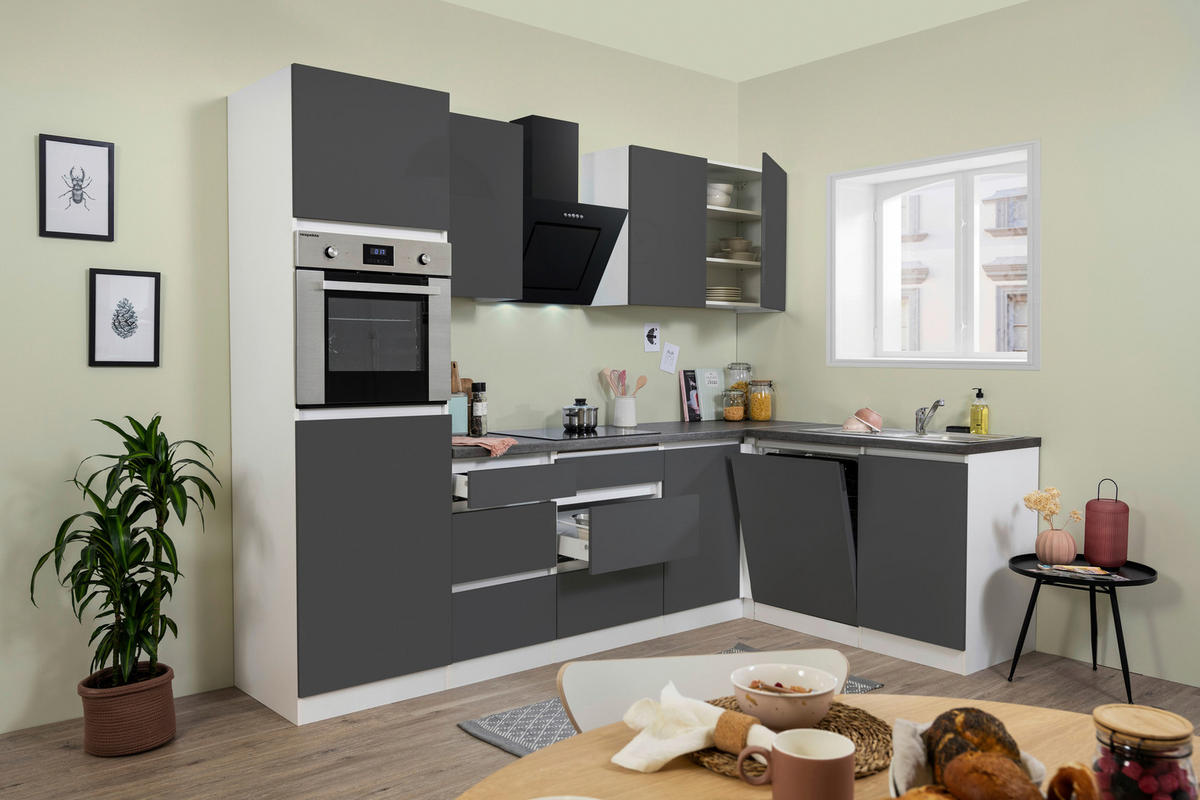 Respekta Küchenblock Premium grau hochglänzend B/H/T: ca. 280x220,5x172 cm Premium - weiß/granit (280,00/220,50/172,00cm) - Respekta