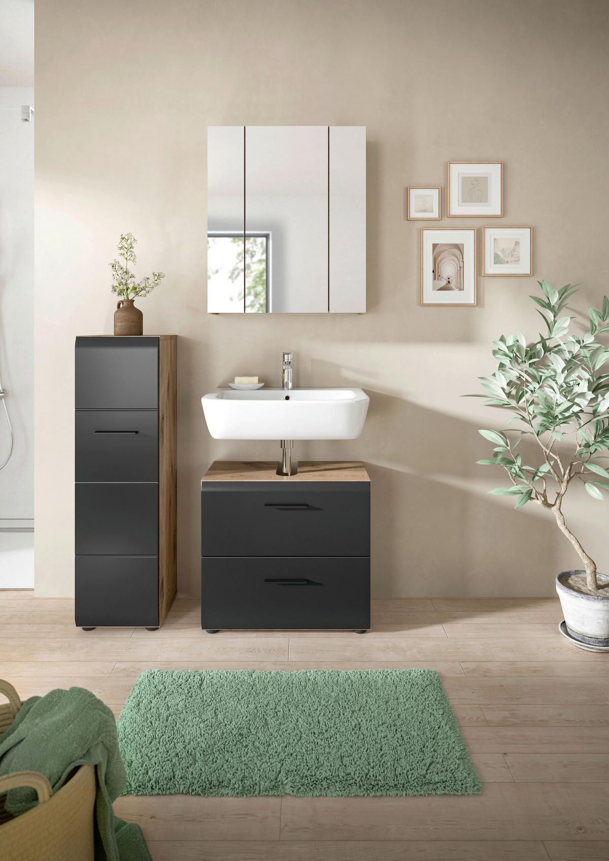 Badezimmer-Set Ice Nox Oak Nachbildung schwarz matt B/H/T: ca. 105x185x30 cm Ice - schwarz (105,00/185,00/30,00cm) - xonox.home