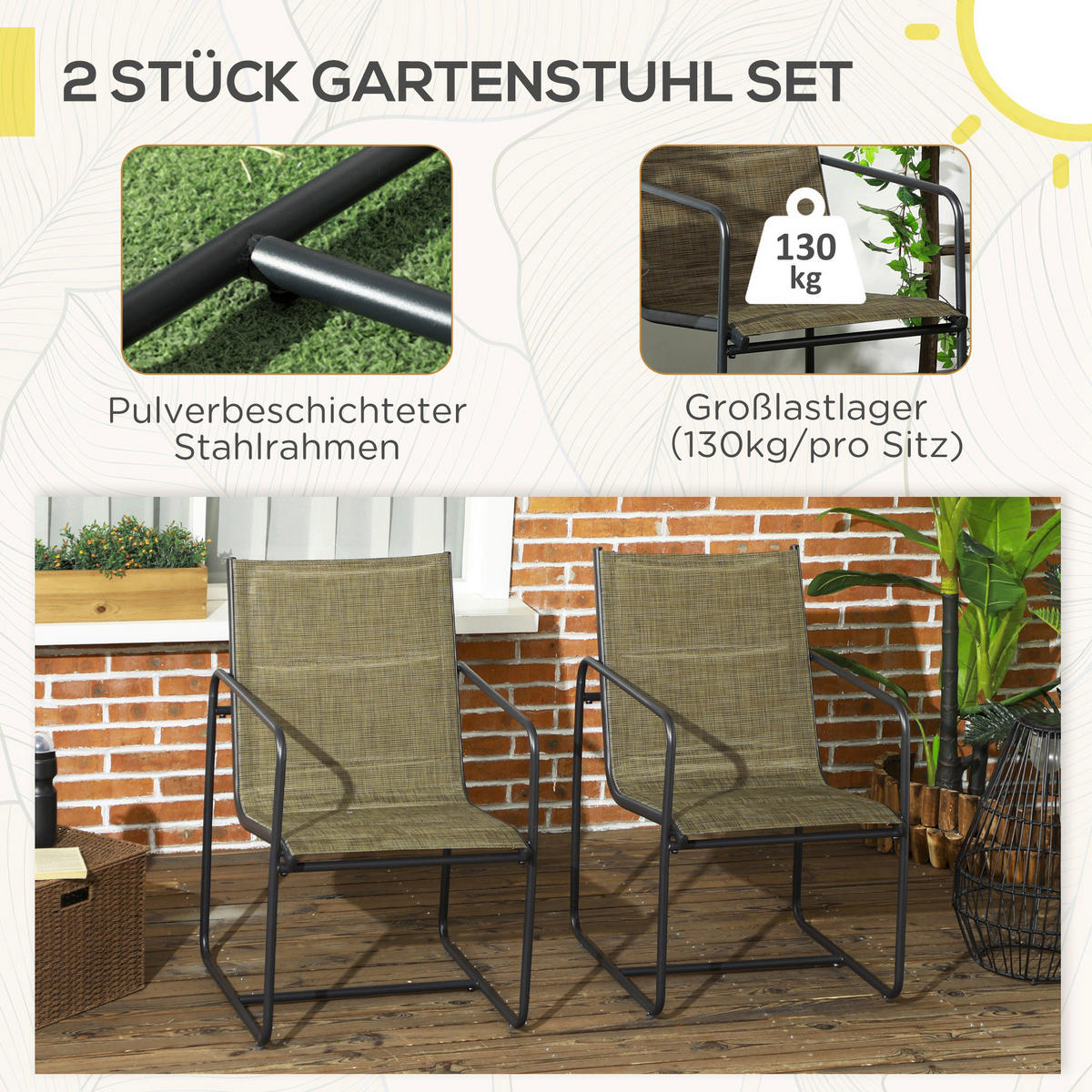 Outsunny Gartenstuhl 2er-Set braun Mesh B/H/L: ca. 66,5x88x54 cm Gartenstuhl 2er-Set - braun (54,00/66,50/88,00cm) - Outsunny