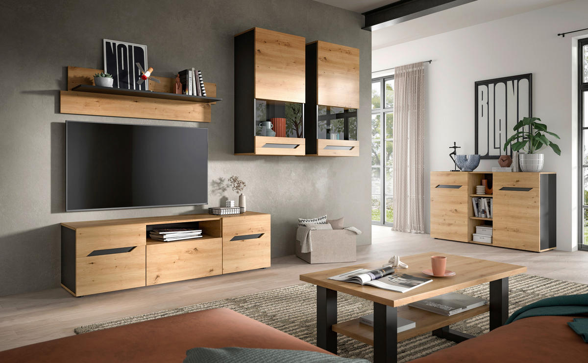 Wohnwand Caserta basaltgrau Nachbildung Artisan Oak Nachbildung B/H/T: ca. 253x196x40 cm Caserta - basaltgrau (253,00/196,00/40,00cm) - xonox.home