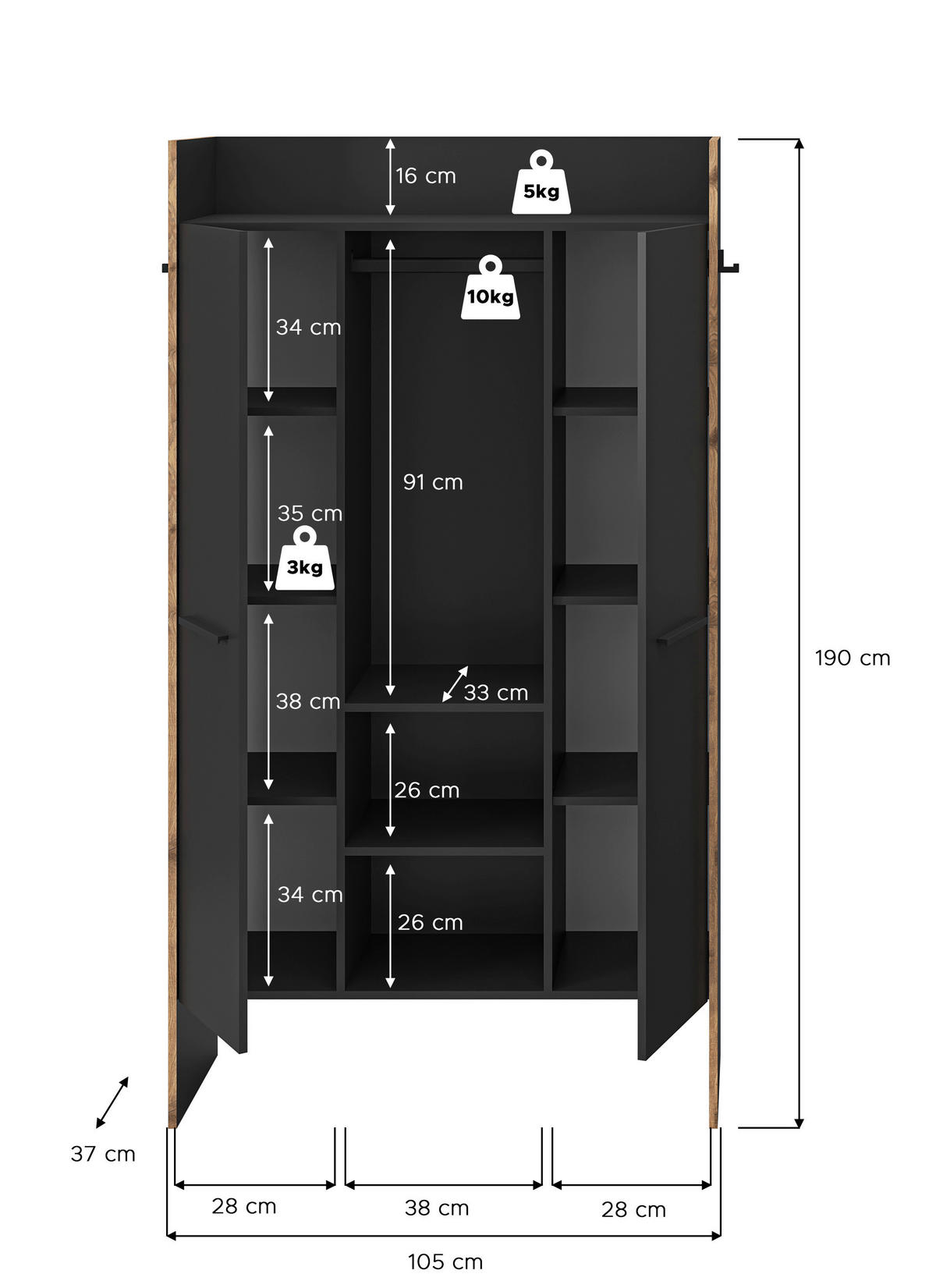 Garderobenschrank Bueno Basalt Nox Oak Nachbildung B/H/T: ca. 105x189x37 cm Bueno - Basalt (105,00/189,00/37,00cm) - xonox.home