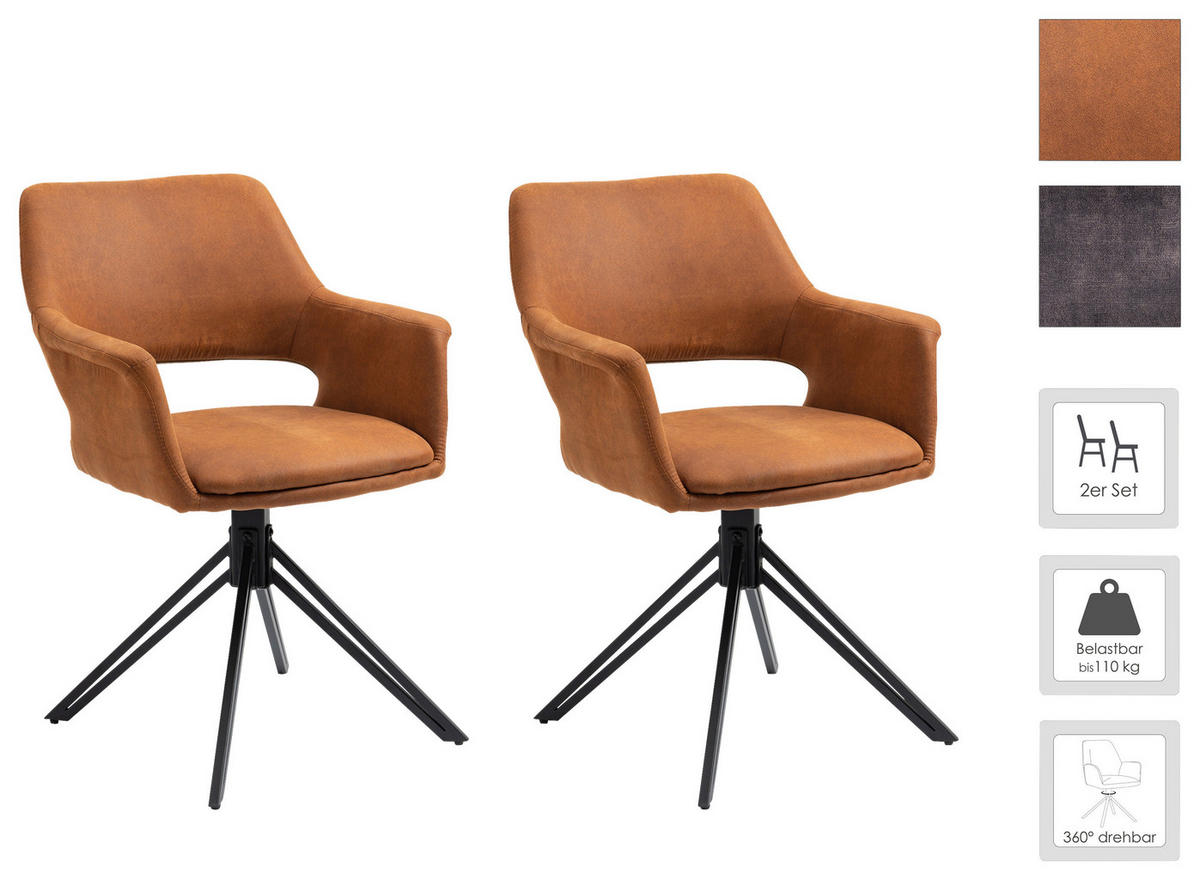 Stuhl ESTELLE  2er-Set braun Vintage schwarz Stoff Metall B/H/T: ca. 57x84x61 cm ESTELLE  2er-Set - braun/schwarz (57,00/84,00/61,00cm) - byLIVING