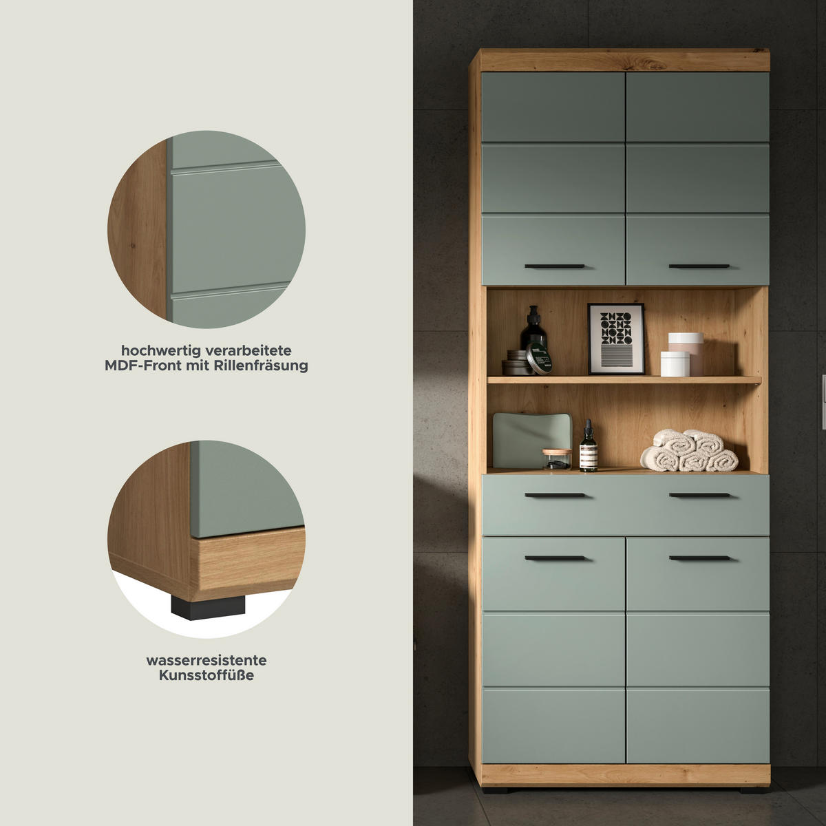 Badhochschrank Scout Eiche Artisan Nachbildung salbei Nachbildung B/H/T: ca. 74x191x31 cm Scout - Eiche/salbei (74,00/191,00/31,00cm) - xonox.home