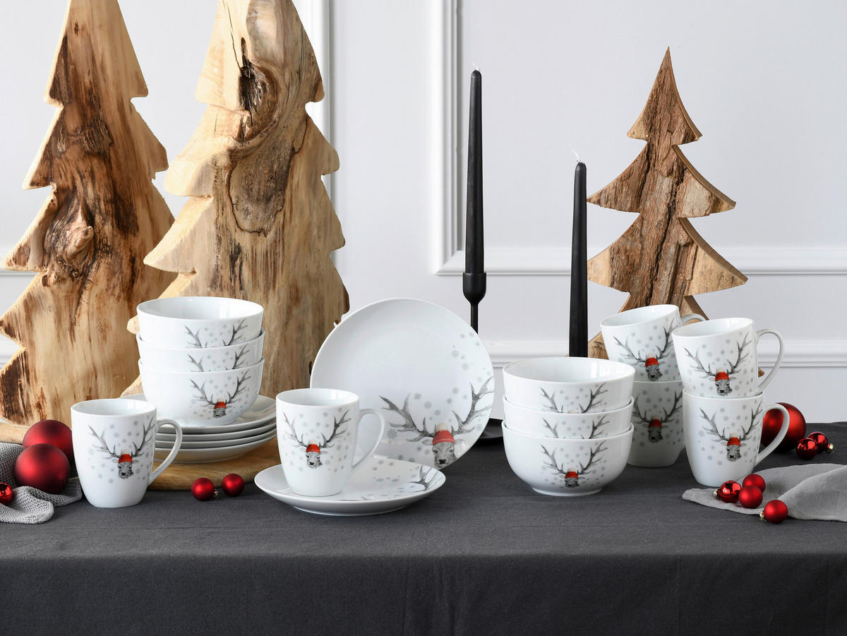 CreaTable Frühstückservice Hirsch weiß Porzellan 18 tlg. Hirsch - weiß - CreaTable