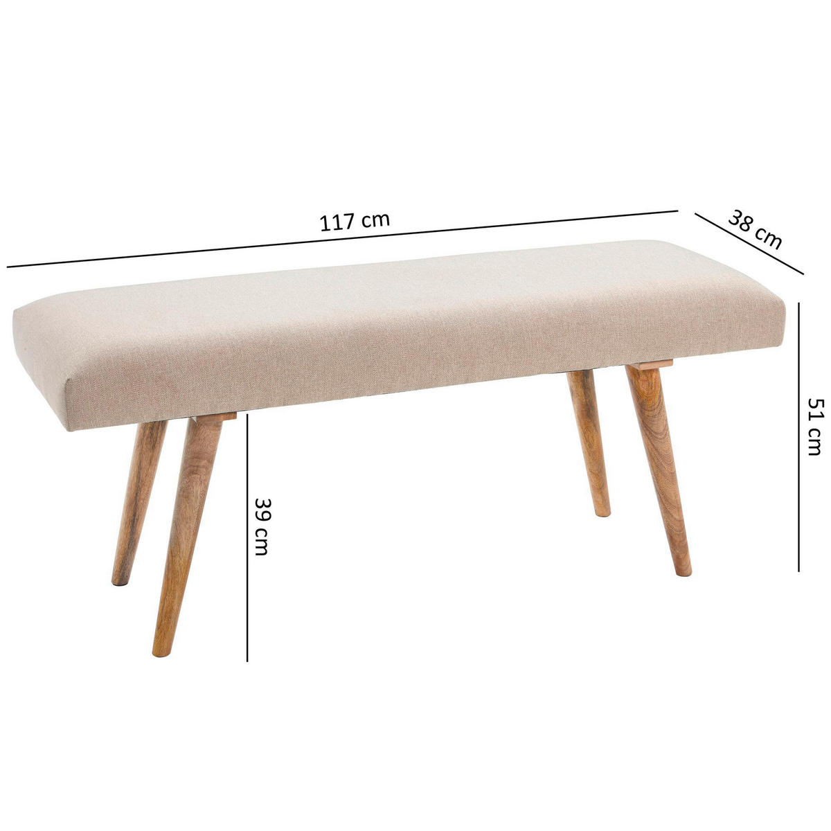Wohnling Sitzbank beige natur Stoff Echtholz B/H/T: ca. 117x51x38 cm Sitzbank - beige/natur (117,00/51,00/38,00cm) - Wohnling