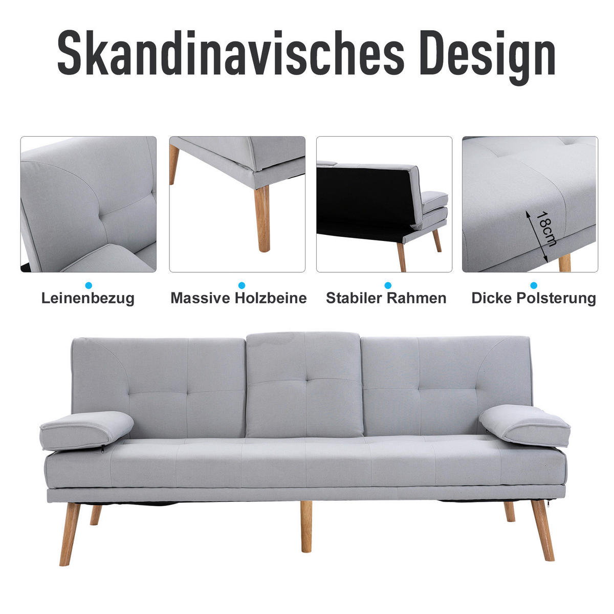 Schlafsofa 833-663 hellgrau B/H/T: ca. 181x78x77 cm 833-663 - hellgrau (181,00/78,00/77,00cm) - HOMCOM