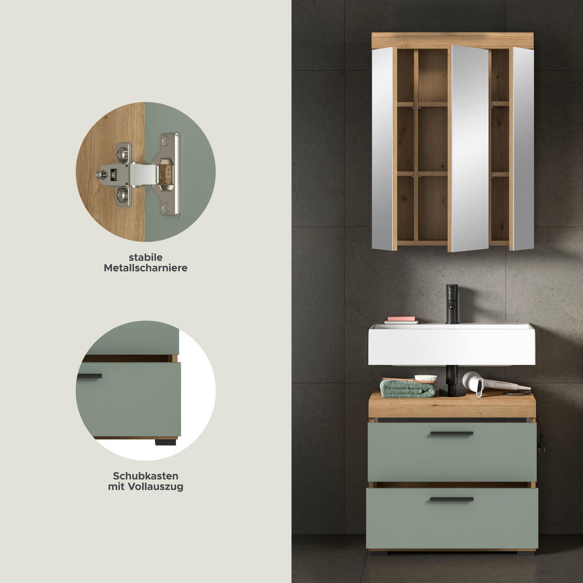 Badezimmer-Set Scout Eiche Artisan Nachbildung salbei Nachbildung B/H/T: ca. 60x191x37 cm Scout - Eiche/salbei (60,00/191,00/37,00cm) - xonox.home