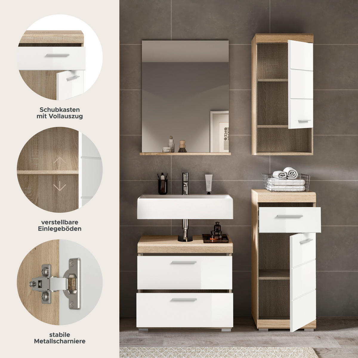 Badezimmer-Set Lambada Eiche Sonoma Nachbildung weiß Hochglanz B/H/T: ca. 112x191x37 cm Lambada - Eiche/weiß (112,00/191,00/37,00cm) - xonox.home