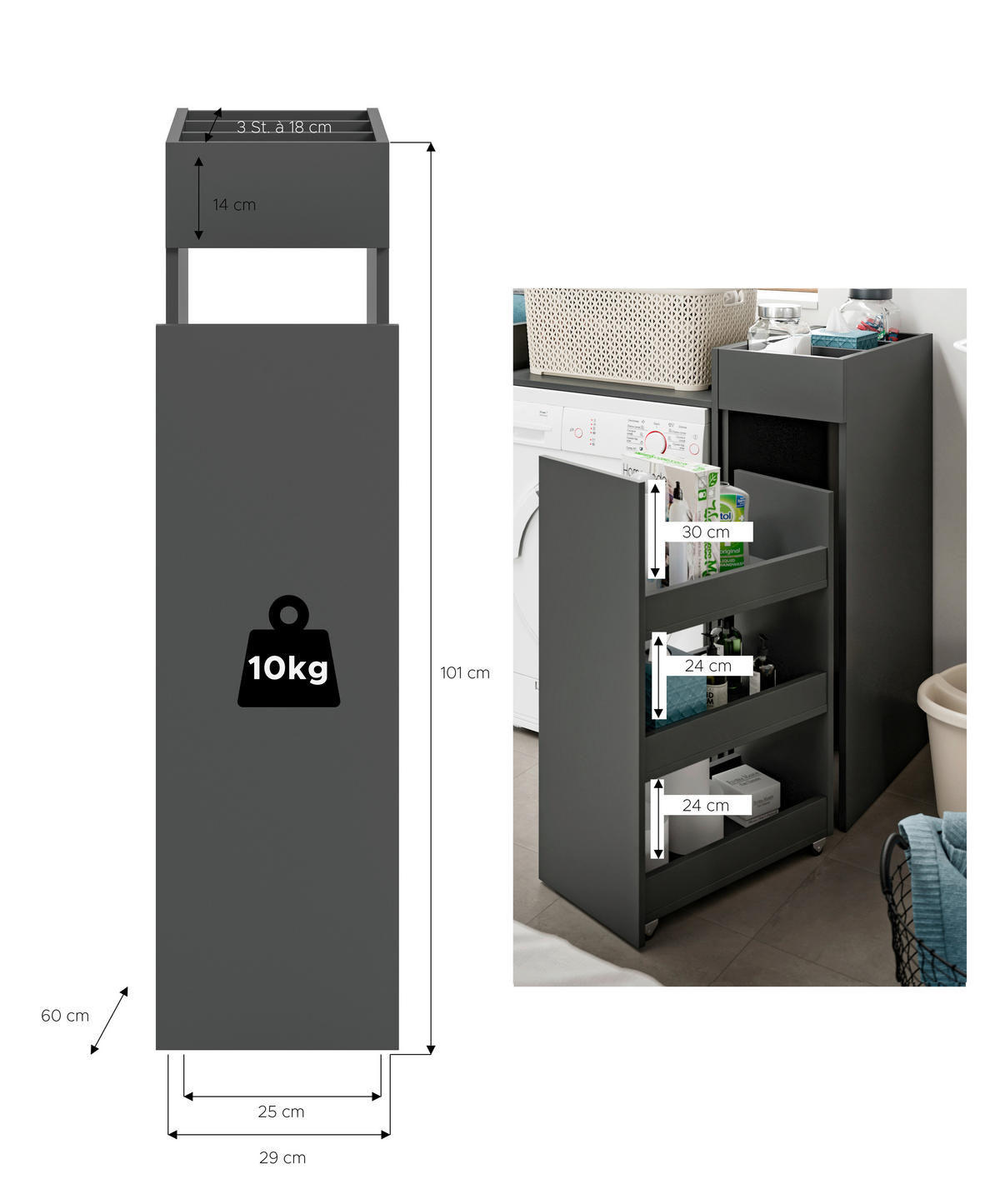 Anstellregal Free anthrazit B/H/T: ca. 29x101x60 cm Free - anthrazit (29,00/101,00/60,00cm) - xonox.home