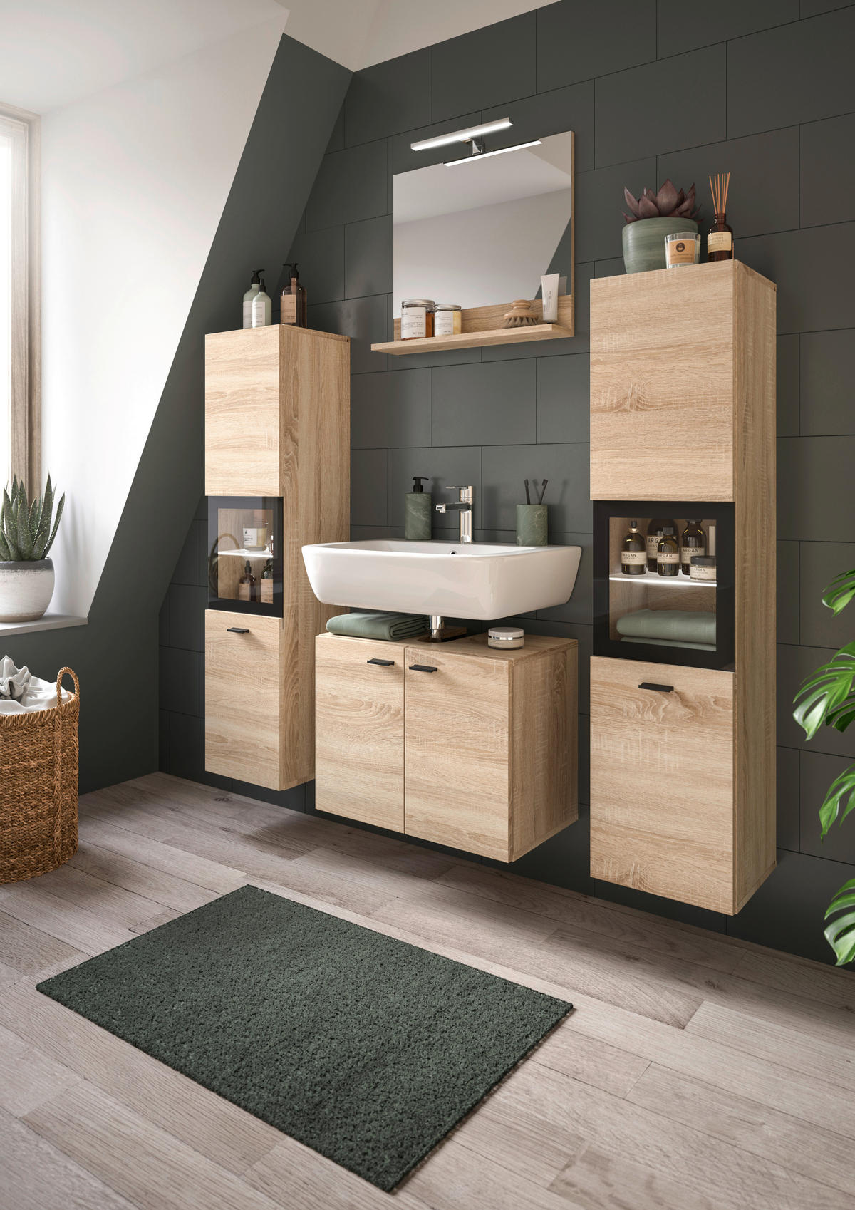Badezimmer-Set BOSTON Eiche Sonoma Nachbildung schwarz B/H/T: ca. 137x186x33 cm BOSTON - Eiche/schwarz (137,00/186,00/33,00cm) - xonox.home