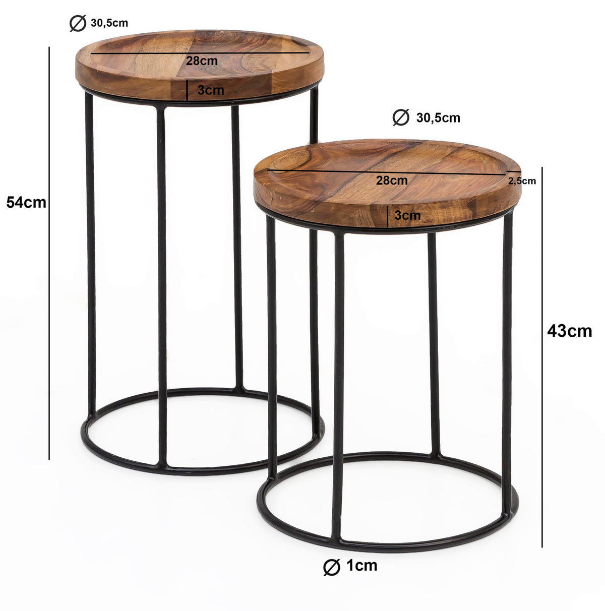 Beistelltisch 2er-Set natur schwarz lackiert Echtholz Eisen 2er-Set - natur/schwarz - Wohnling