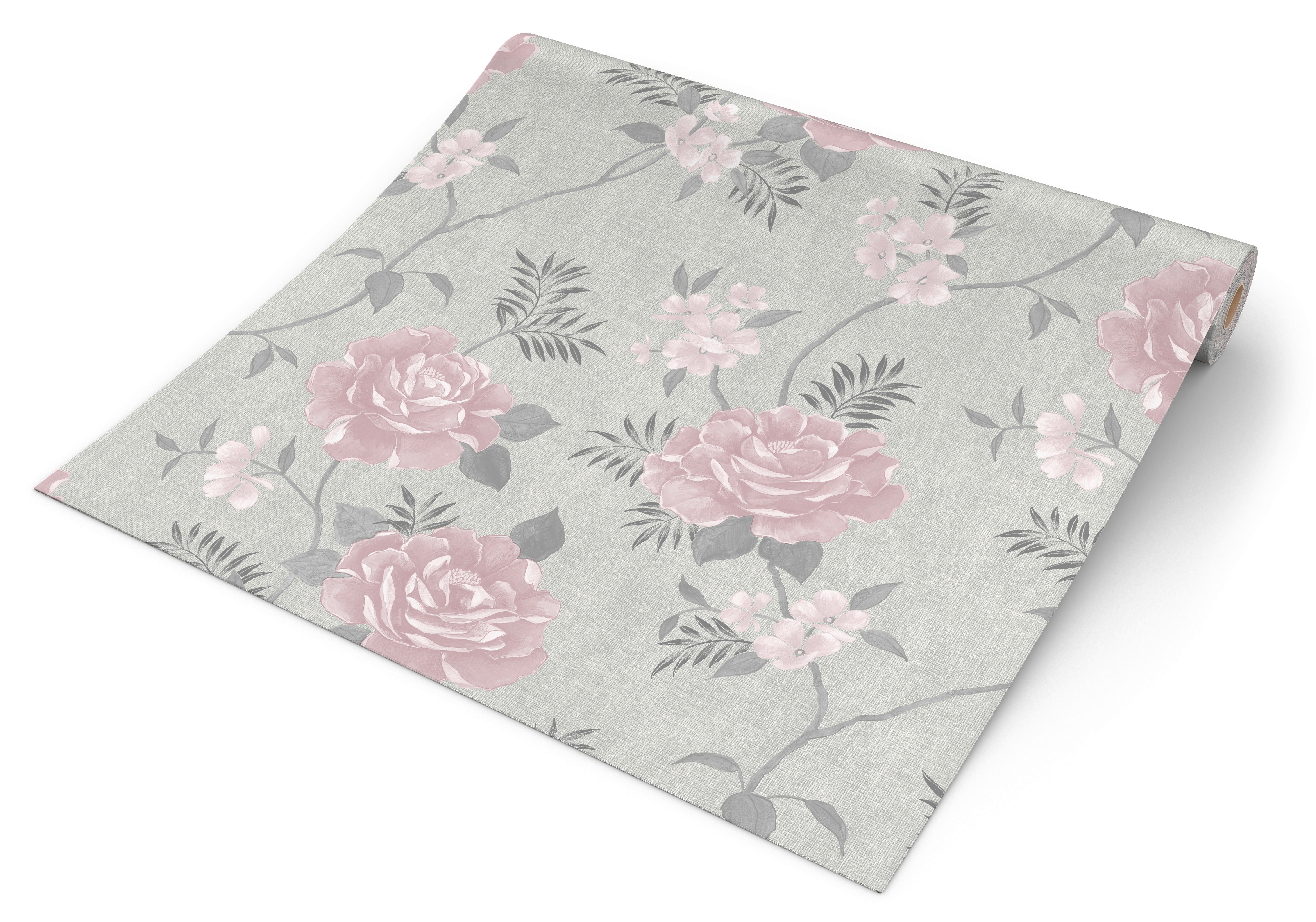 Papiertapete Blumenranke hellgrau dunkelgrau rosa B/L: ca. 53x1005 cm
