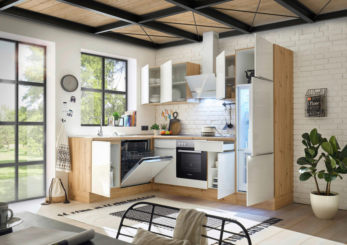 Respekta Winkelküche Marleen weiß Hochglanz B/H/T: ca. 280x211x170 cm Marleen - Eiche/weiß (280,00/211,00/170,00cm) - Respekta