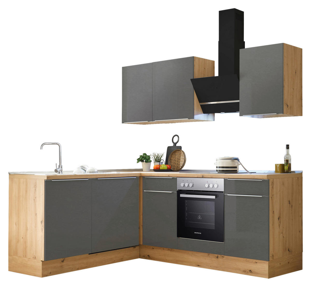 Respekta Winkelküche Marleen grau matt B/H/T: ca. 220x211x170 cm Marleen - Eiche/Alu (220,00/211,00/170,00cm) - Respekta