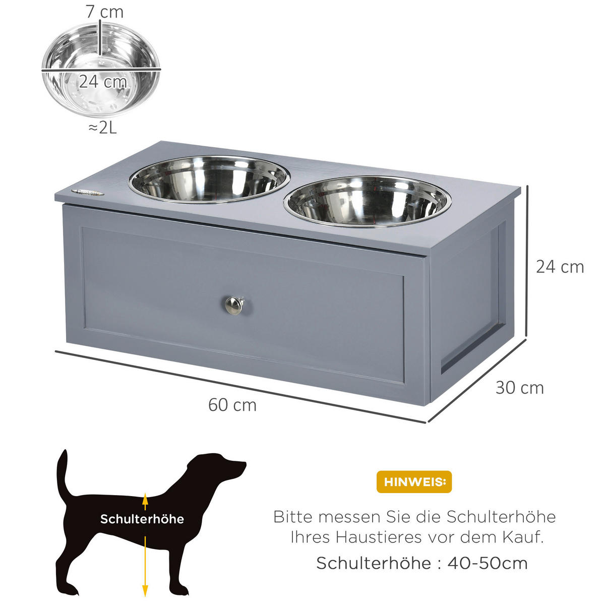 PawHut Hunde-Zubehör grau MDF B/H/L: ca. 30x60x24 cm Hundenapf - grau (24,00/30,00/60,00cm) - PawHut