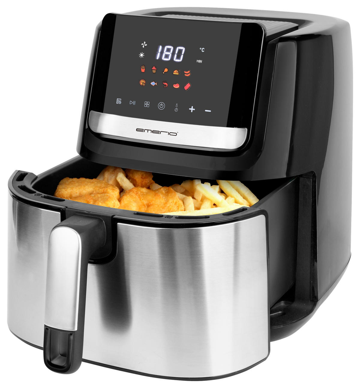 Emerio Heißluftfritteuse AF-130289.5 schwarz Edelstahl B/H/T: ca. 30x39x35 cm ca. 6,5 l Heißluftfritteuse_Aruba - schwarz/Edelstahl (30,00/39,00/35,00cm) - Emerio