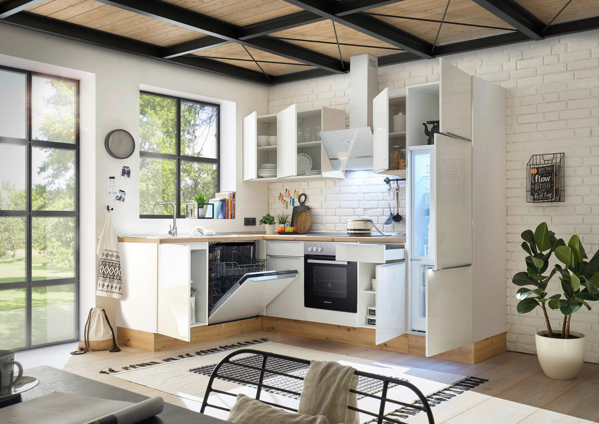 Respekta Winkelküche Marleen weiß Hochglanz B/H/T: ca. 280x211x170 cm Marleen - Eiche/weiß (280,00/211,00/170,00cm) - Respekta