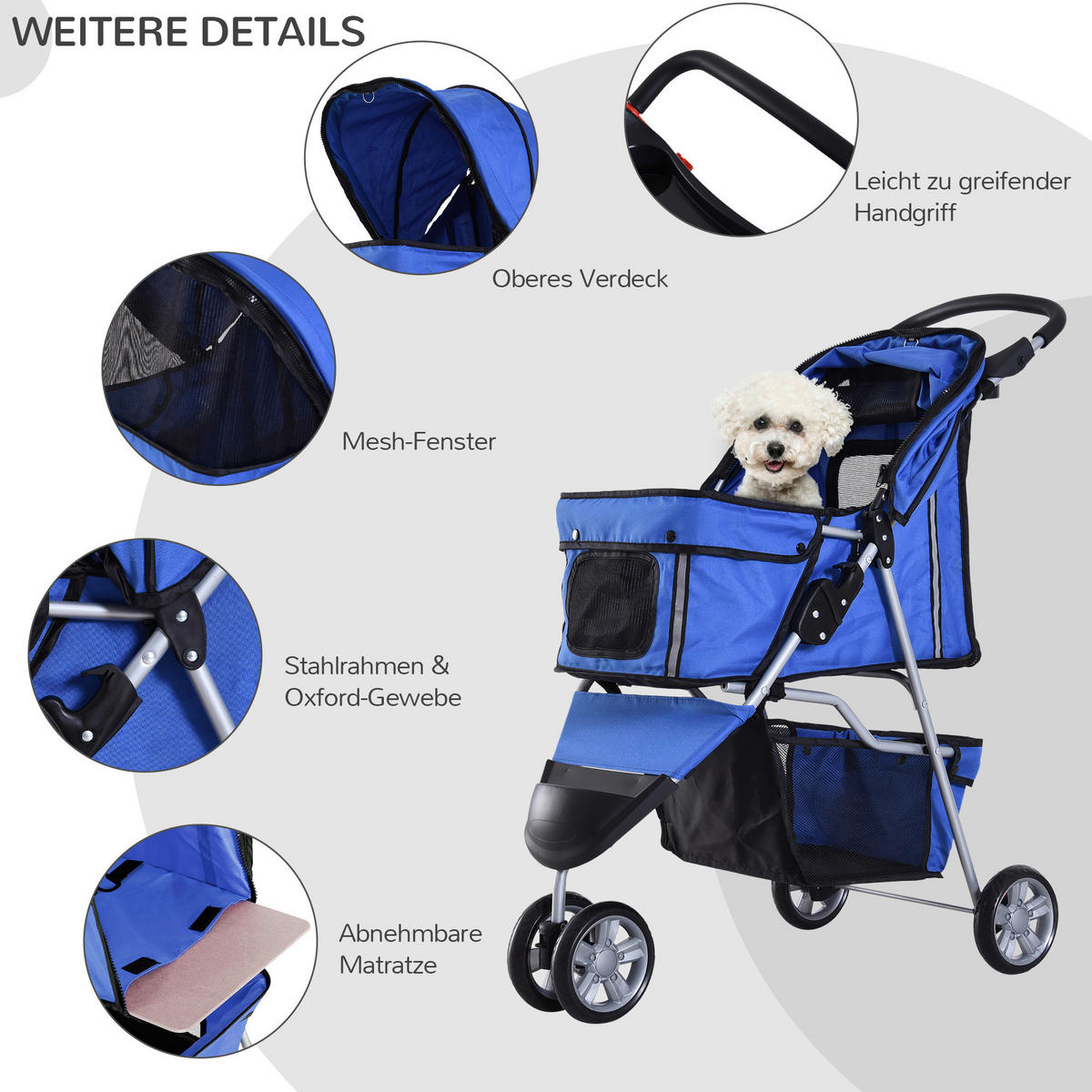 PawHut Hunde-Zubehör blau Nylon B/H/L: ca. 45x75x97 cm Hundewagen - blau (97,00/45,00/75,00cm) - PawHut
