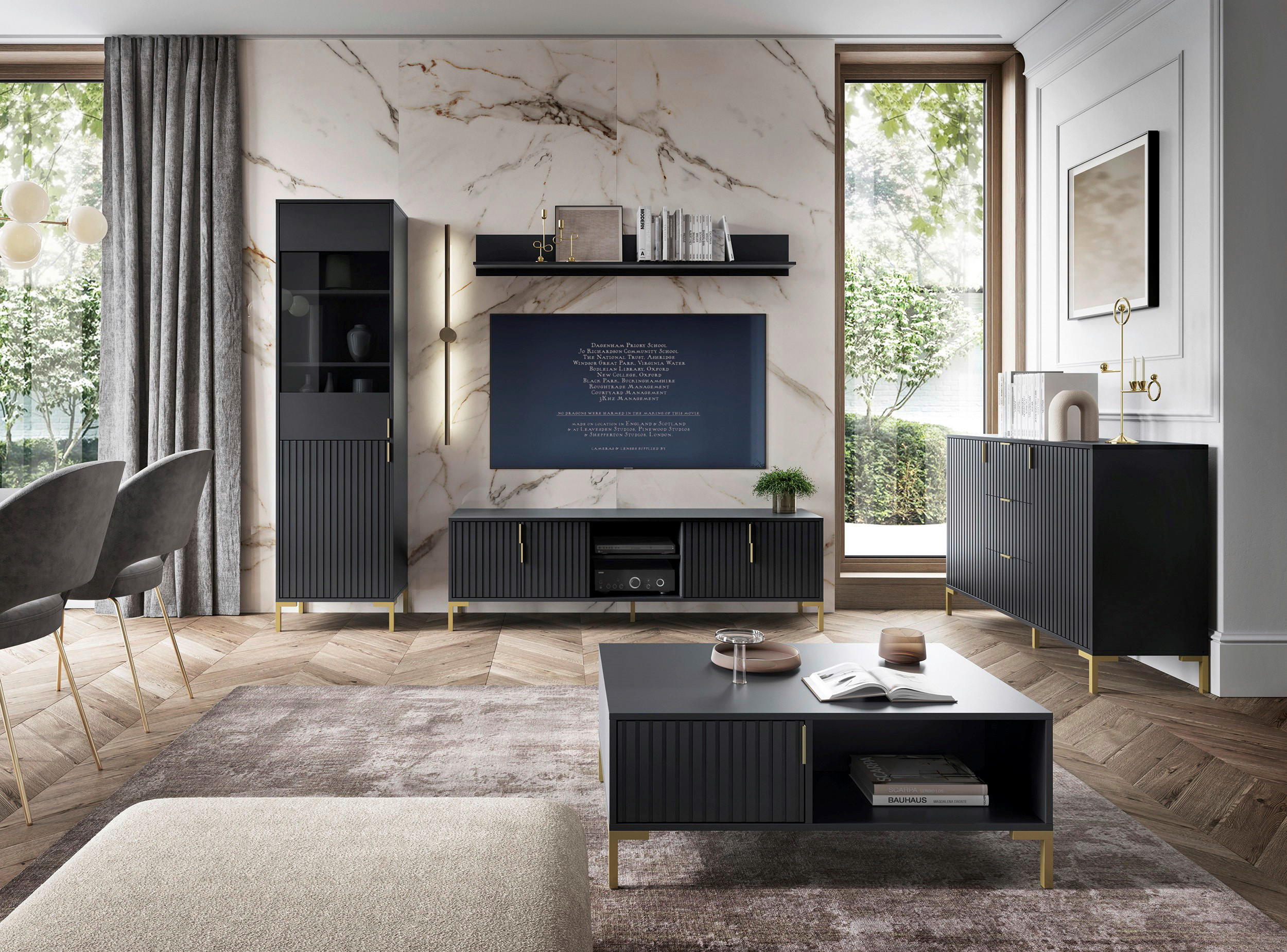 Thumbnail - TV-Lowboard FLINN schwarz matt gold Optik B/H/T: ca. 165x50x40 cm