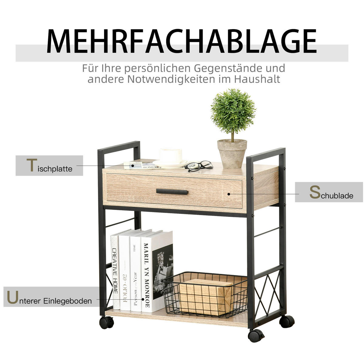 Beistelltisch 833-762AK Eiche Nachbildung B/H/T: ca. 60x65x30 cm 833-762AK - Eiche (60,00/65,00/30,00cm) - HOMCOM