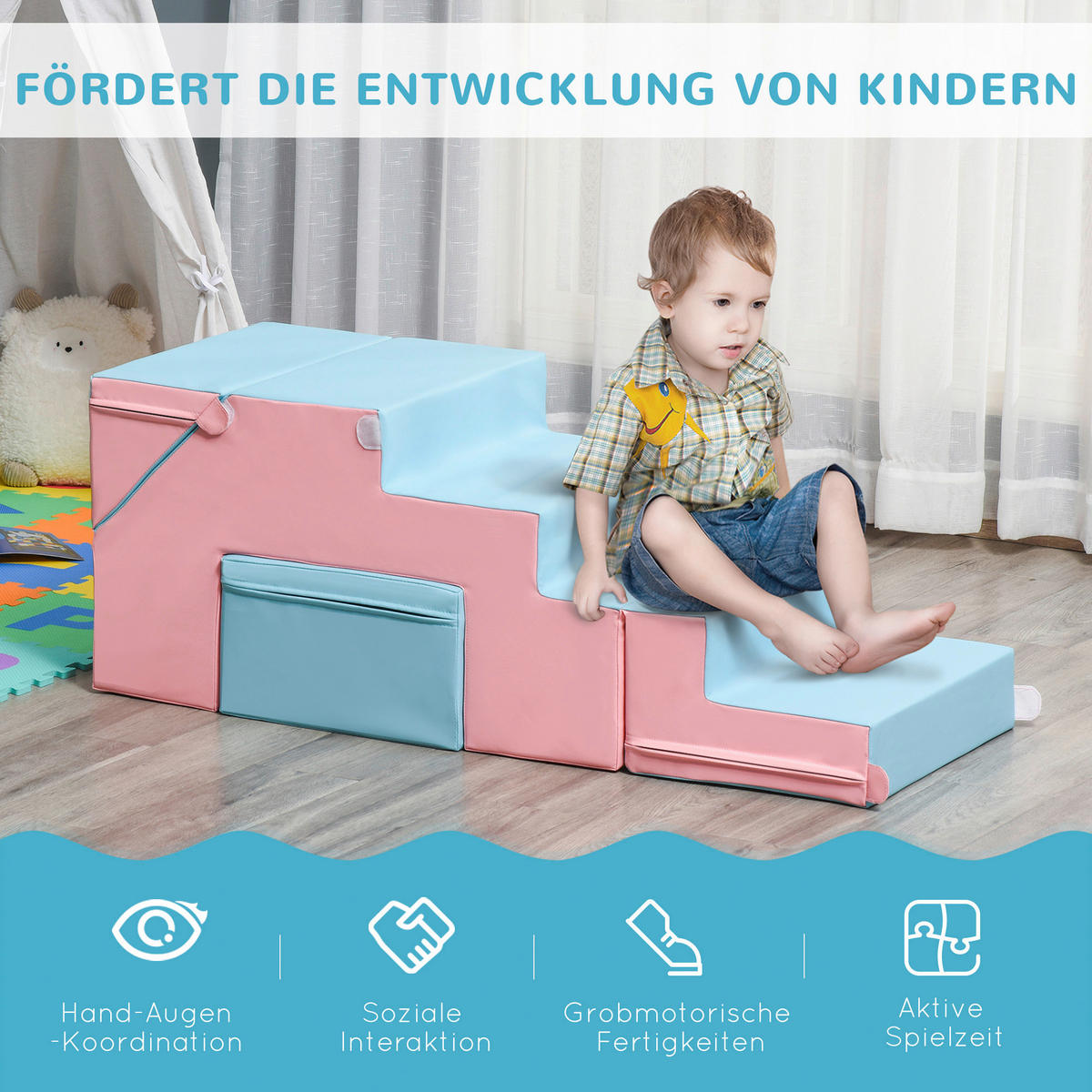 HOMCOM Kinder-Softplay-Set B/H/L: ca. 49x47x147 cm Kinder-Softplay-Set - blau/rosa (147,00/49,00/47,00cm) - HOMCOM