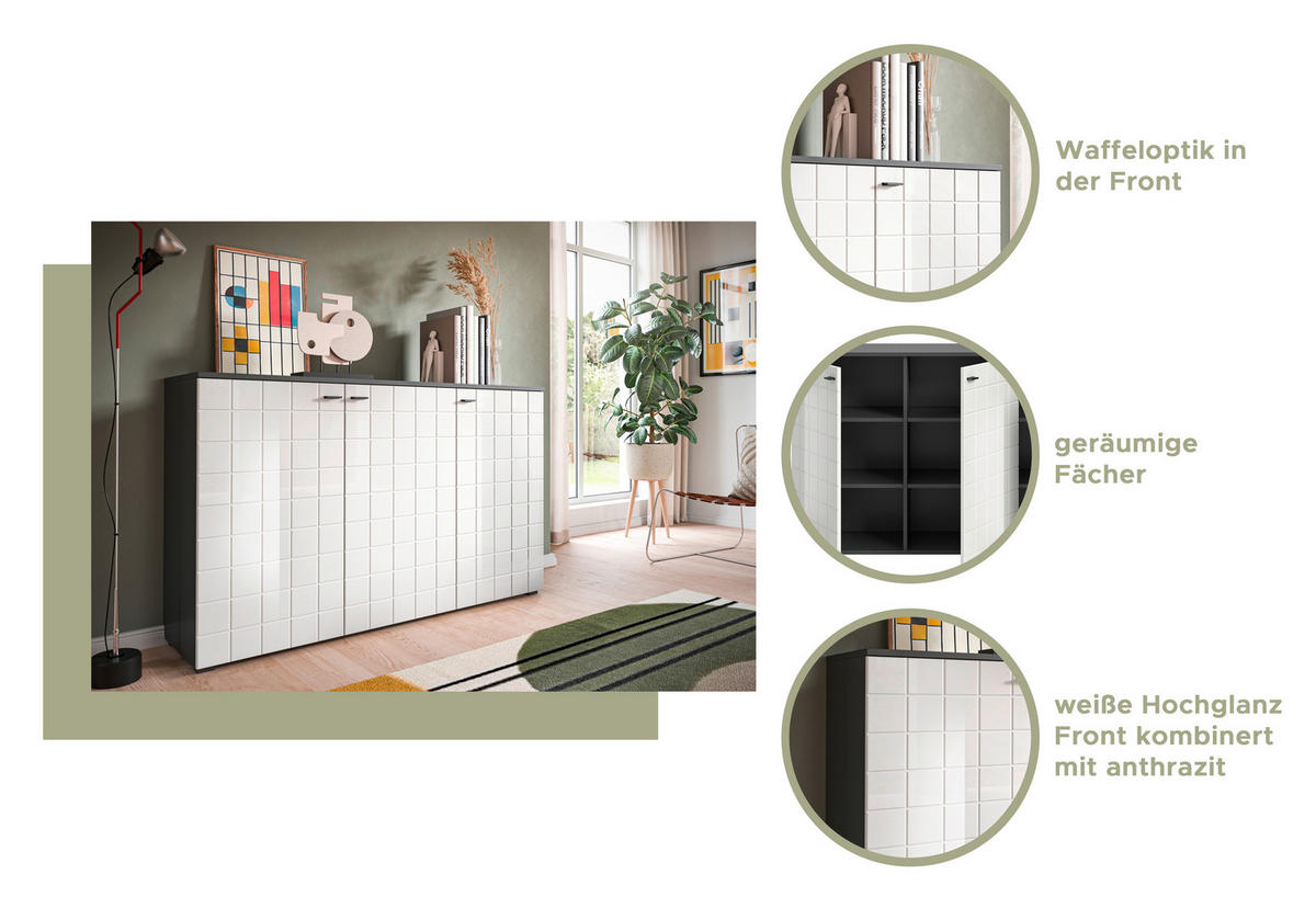 Sideboard Monte anthrazit weiß Hochglanz B/H/T: ca. 138x86x37 cm Monte - weiß/anthrazit (138,00/86,00/37,00cm)